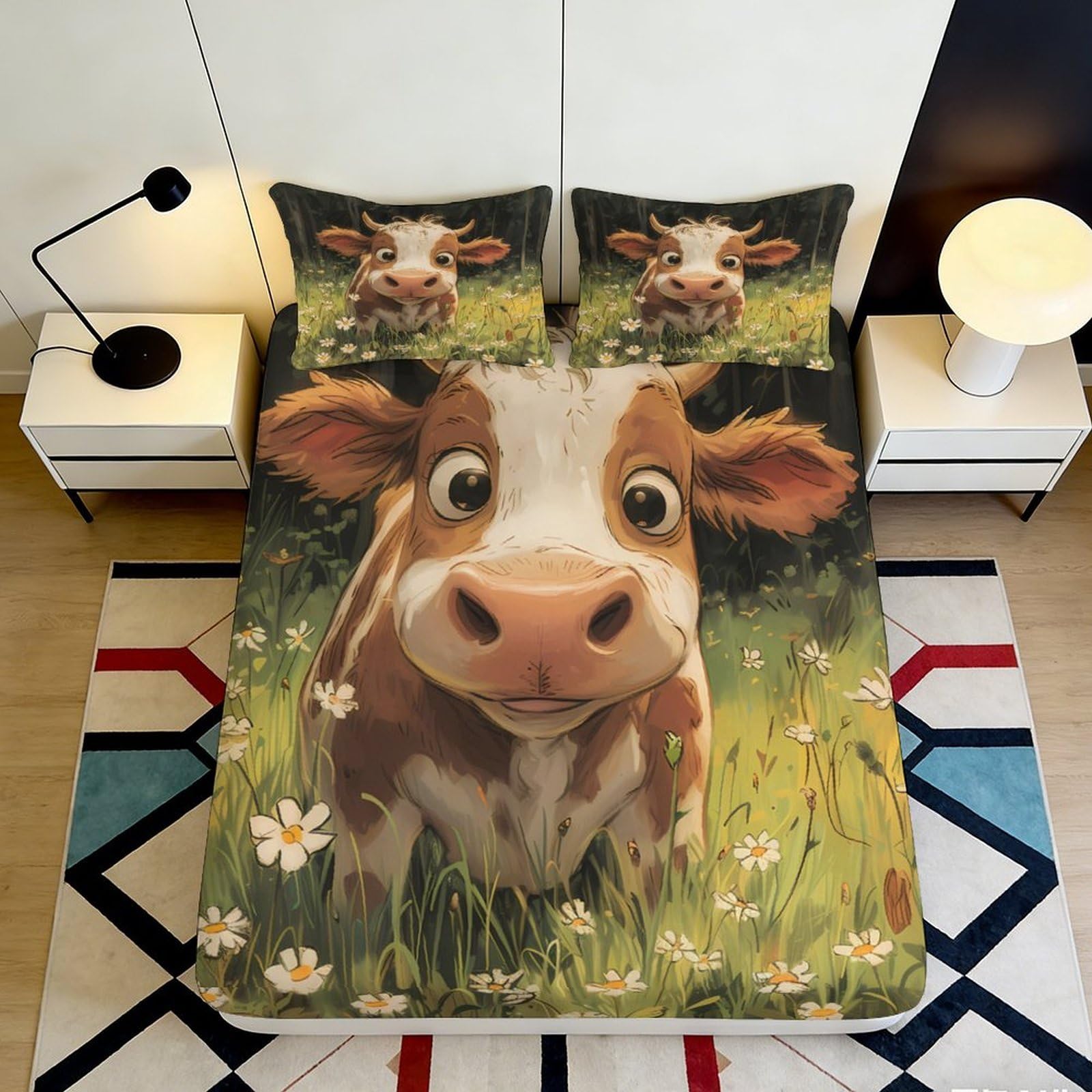 3D Printed Cute Cow Fitted Sheet Microfiber Soft Breathable Farm Animal Bed Cover for Bedroom Dormitory Guest Room Mattress Protection Decor 140x200x25cm