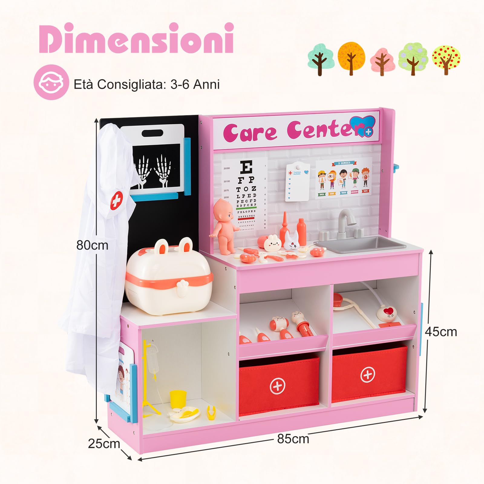 COSTWAY Set Gioco Dottore per Bambini, Gioco di Ruolo Medico in Legno con Stetoscopio, Radiografie, Monitor ECG, Tabella Oculistica e 29 Accessori, Medico Giocattolo per Bambini 3+ Anni (Rosa)