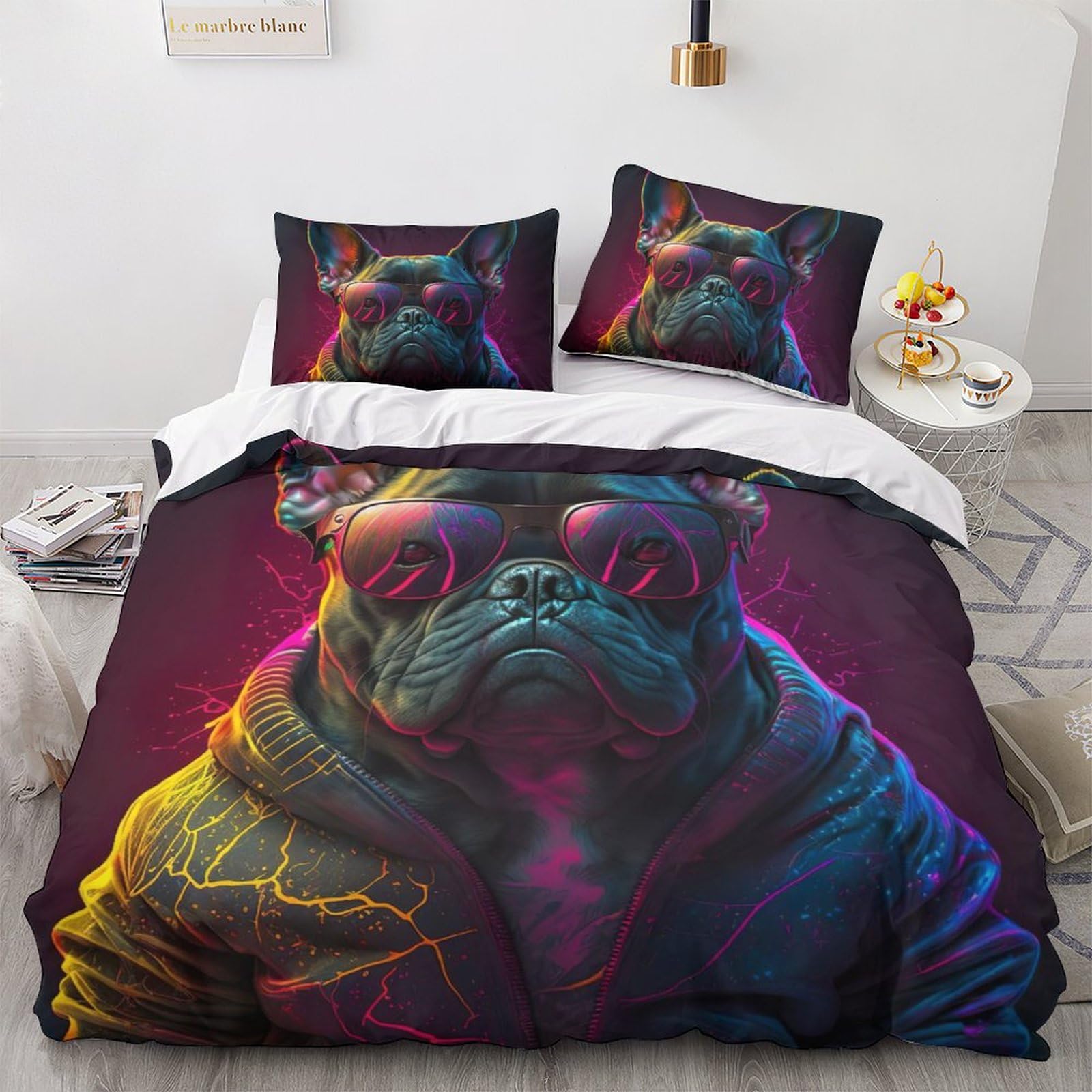 Parure de lit Frenchie pour enfants et adultes avec housse de couette double 200x200cm