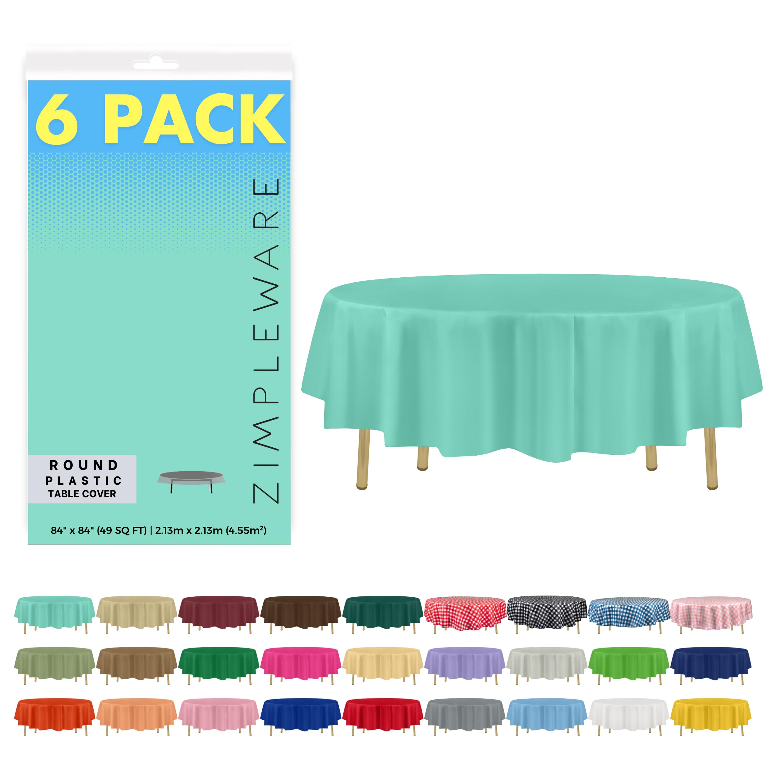 ZIMPLEWARE Premium Aqua Plastic Table Cloth Disposable (6 Pack) Round Tablecloth (84in) Party Table Cloths Disposable, Perfect Table Cloth Round Cover