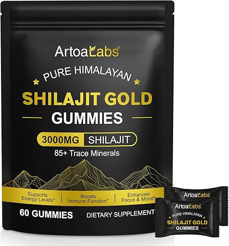 Gomitas Shilajit para hombres y mujeres, gomitas puras de oro Shilajit del Himalaya ricas en Ashwagandha, Gokshura con más de 85 oligominerales,
