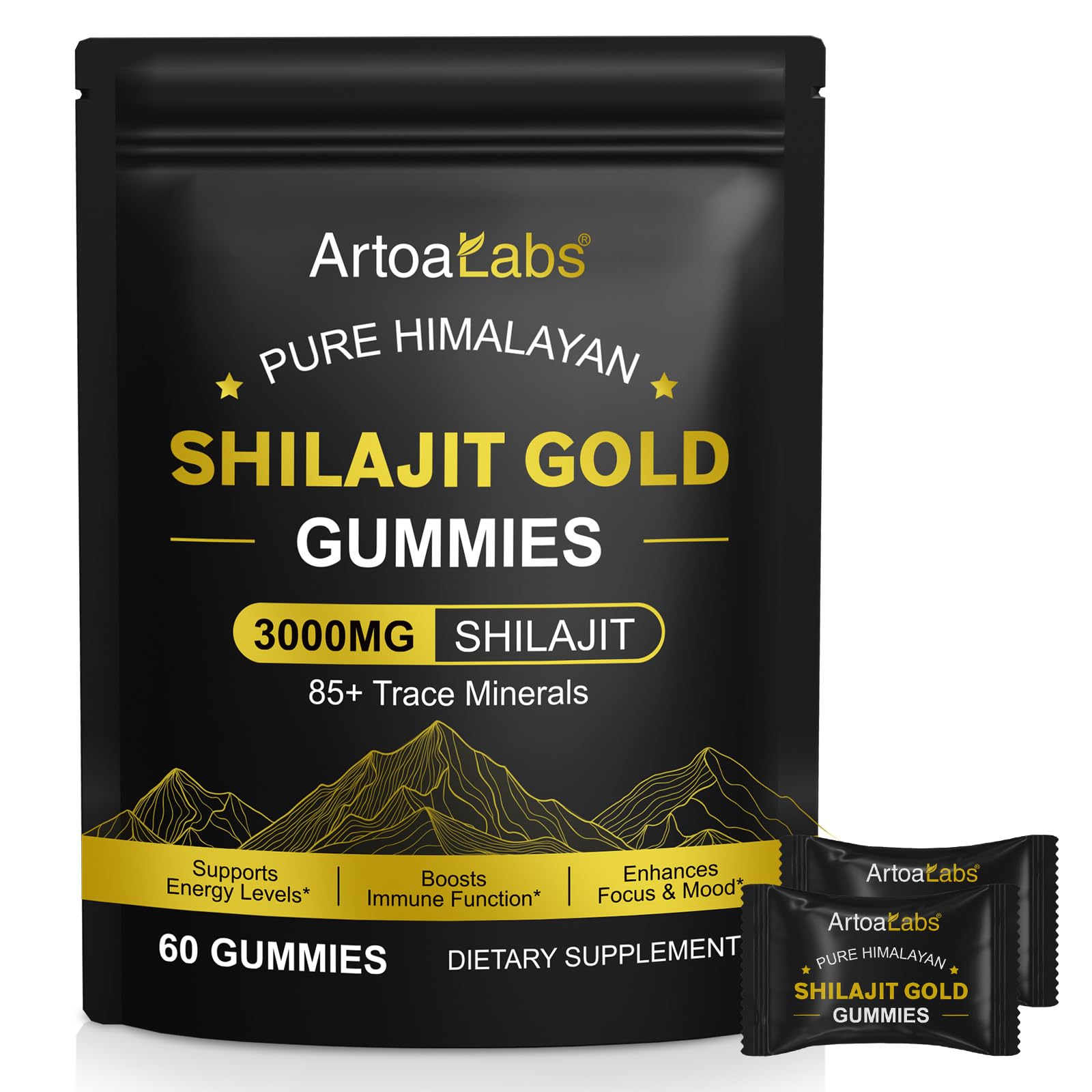 Shilajit - Orsetti gommosi 3000 mg, puro Himalaya Shilajit oro, oltre 85 oligoelementi, supporta il livello di energia, il sistema immunitario (1)