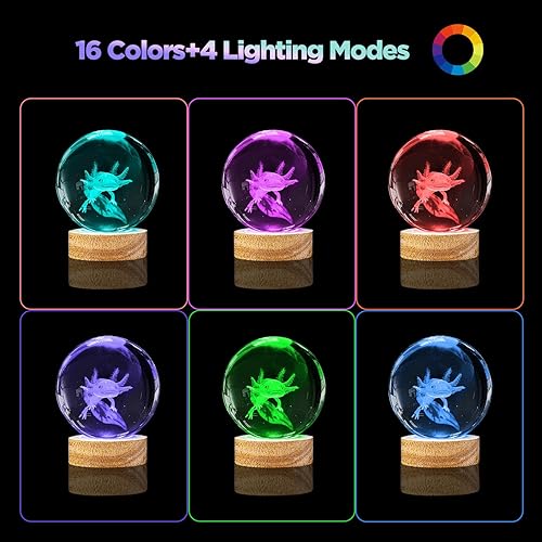 Miniatura 3 de Luz nocturna de bola de cristal de ajolote 3D con control remoto, lámparas de bola de vidrio de ajolote de 3.15 pulgadas con base de madera LED de