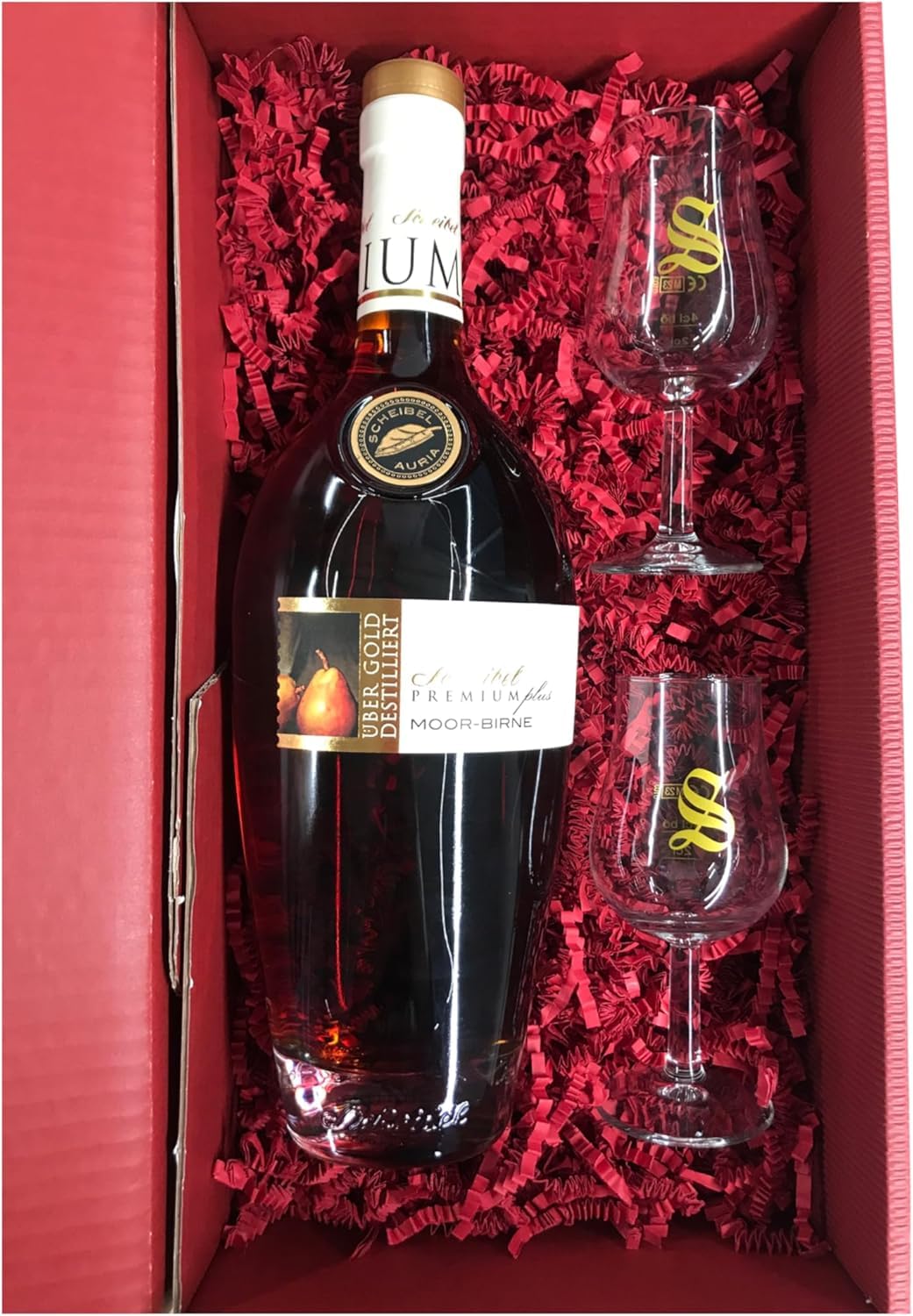 Scheibel Premium Plus Moor-Birne Brandy 40% Vol. 700ml 2 hochwertige Signatory-Gläser, mit 2 und 4cl Eichstrich, im Geschenkset