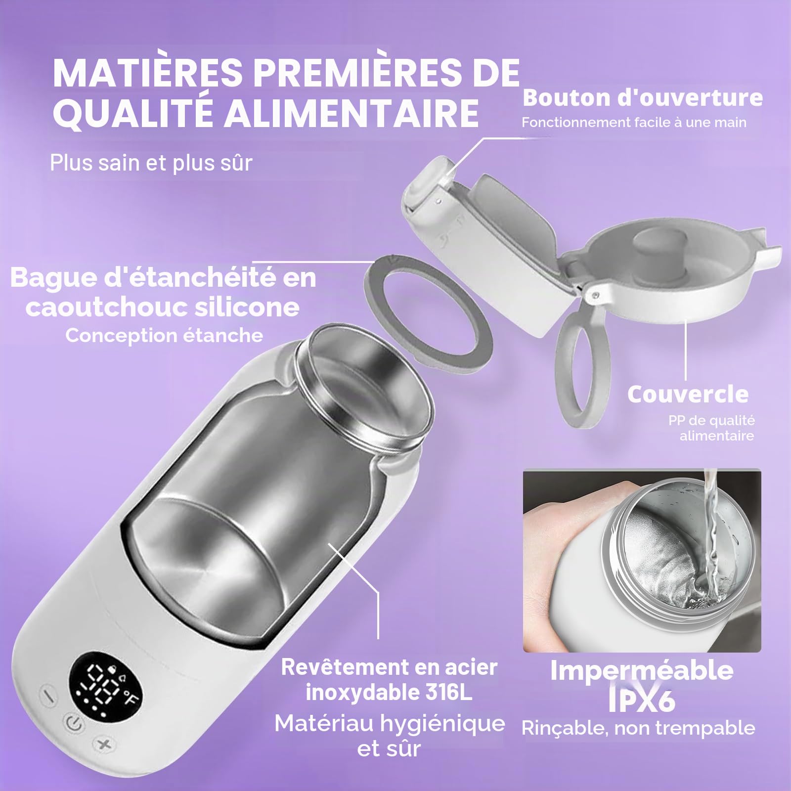 Chauffe Biberon Nomade de 500ml Grande Capacité, Chauffage Rapide Chauffe Biberon Portable Sans Fil, Charge rapide Chauffe Biberon Voiture et USB Type-C Câble, pour Maison, Voyages