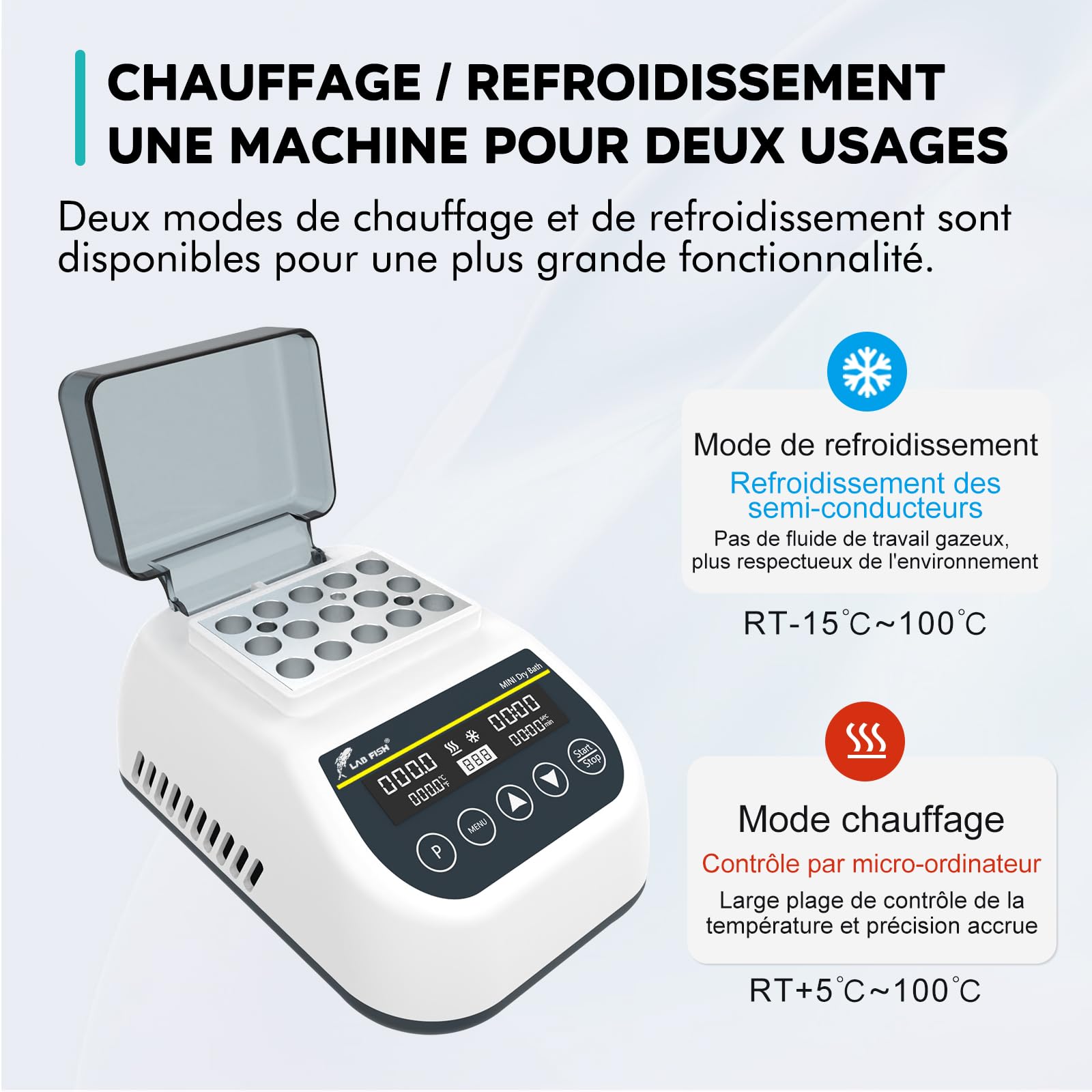 LAB FISH Mini Incubateur à Bain Sec Chauffant et Refroidissant Numérique pour Laboratoire Chauffage Thermostatique Programmable avec Bloc de Tubes à Centrifuger 1.5ml*15
