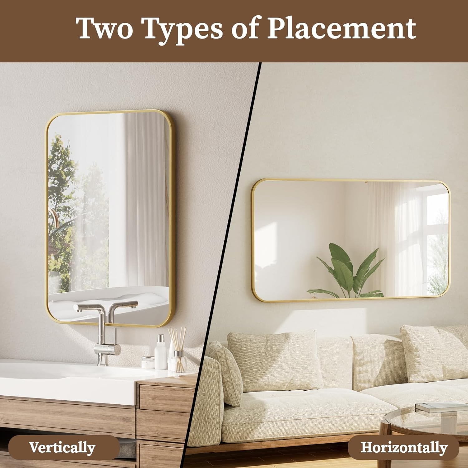 BEAUTYPEAK 26 x 38 Rectangular Aluminum Alloy Frame Wall Mounted Bathroom Mirror with Rounded Corners, Gold