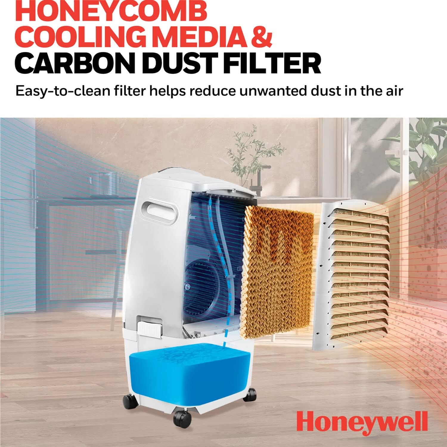 Internal view of the Honeywell air cooler showing the honeycomb cooling media and carbon dust filter.