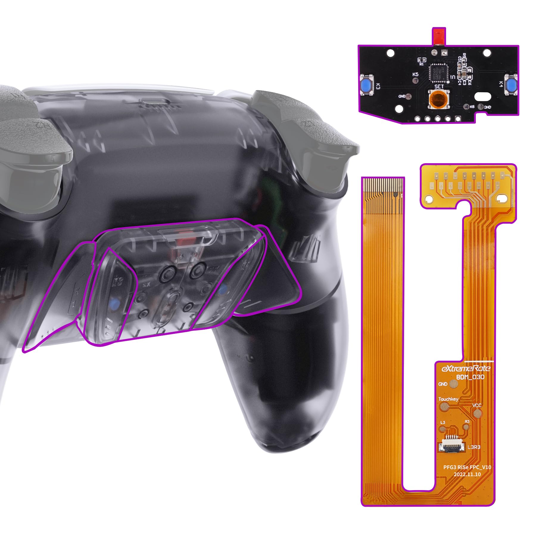 eXtremeRate Programable RISE4 Remap Kit para ps5 Modelo BDM-030/040/050 Actualización Board & Carcasa Trasera & 4 Palancas Botones Traseros para ps5 Control-NO Incluye Mando(Transparente)