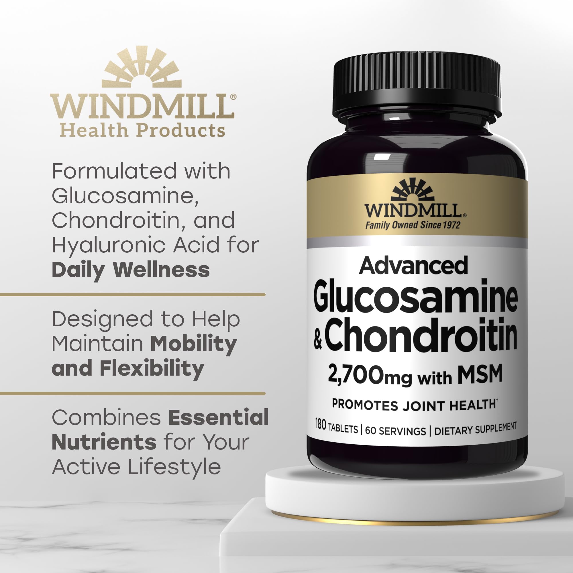 Windmill Natural Vitamins Advanced Glucosamine & Chondroitin, with 2,700mg of MSM, Supports Bone Health, Non-GMO, Gluten Free, 180 Tablets, 60 Servings — Amazon image 4