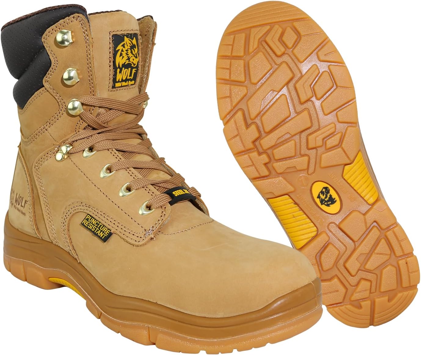 WOLF Work Boot | 100% Genuine Upper Leather | Oil, Heat, Chemical, Impact, Compression & Puncture Resistant | Electrical Hazards | Non-Slip Rubber Sole | Steel Toe | Padded Collar | Construction | Industrial PPE
