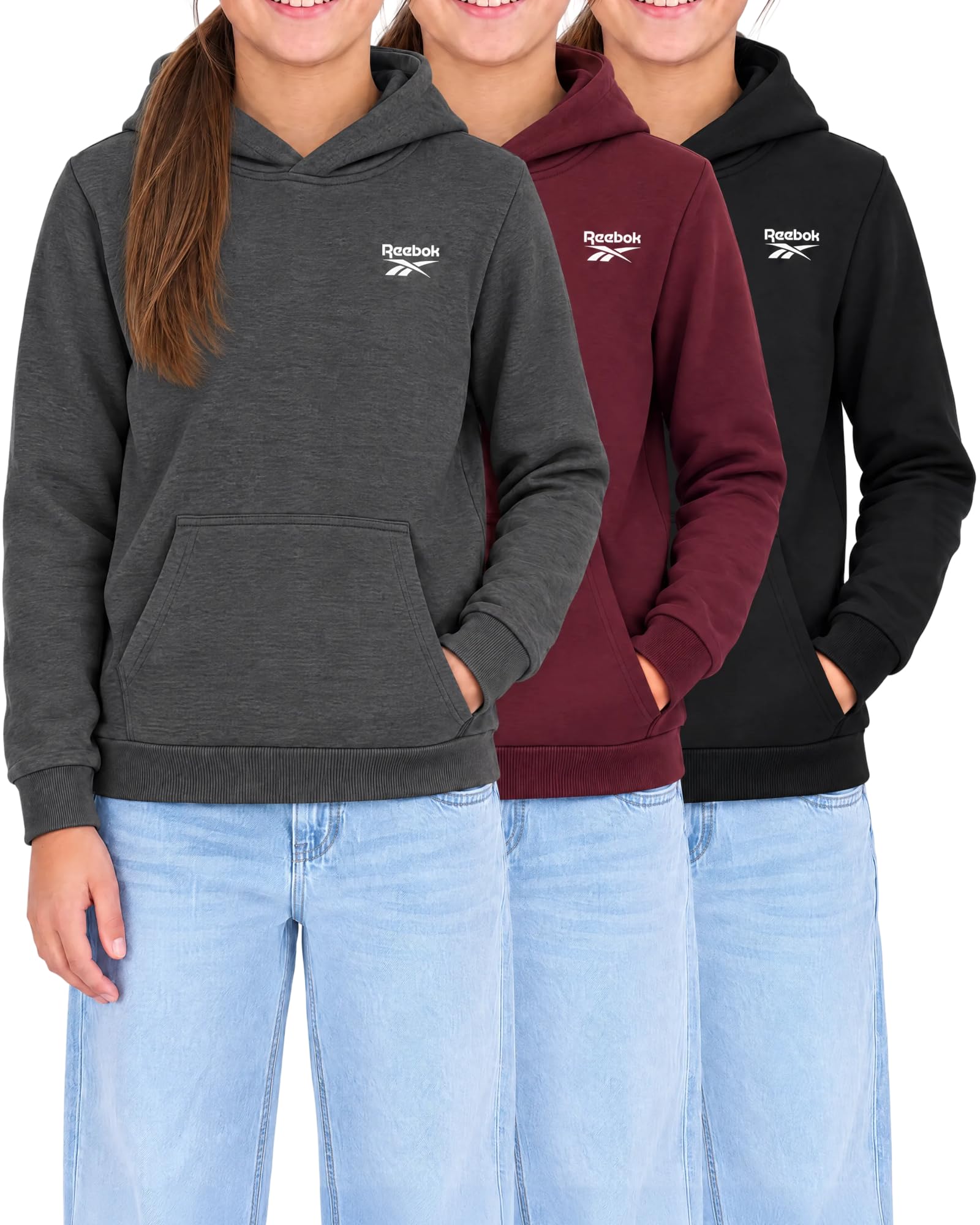 Reebok 3 Pack Girls Fleece Pullover Hoodie Hooded Sweatshirt Kids Teen