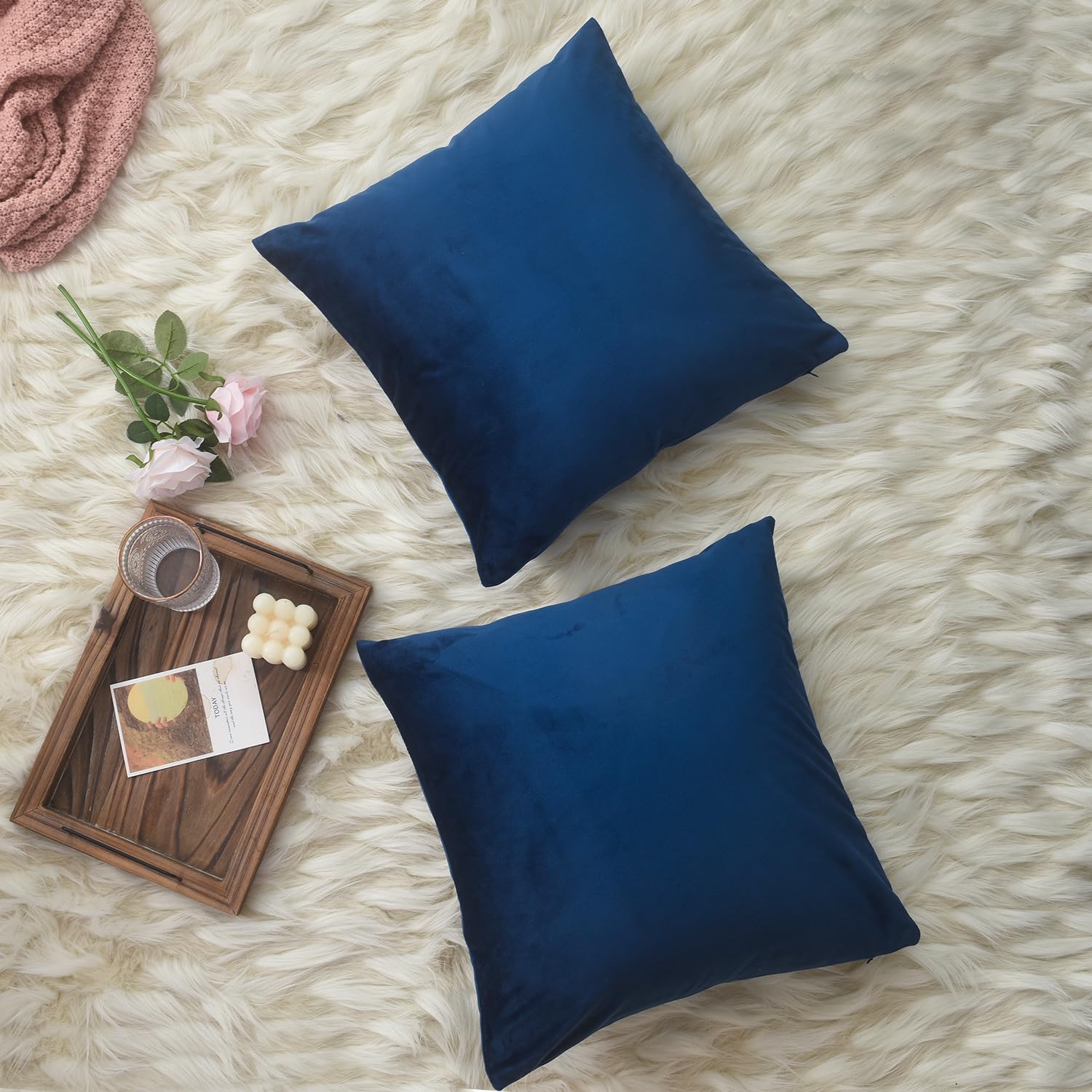 ZIMEL HOMES Velvet Cushion Covers Pack of 2 Decorative Covers Square & Rectangle Throw Pillow Cases 43 x 43 cm and 30 x 51 cm (43 x 43 cm (Square), Navy)