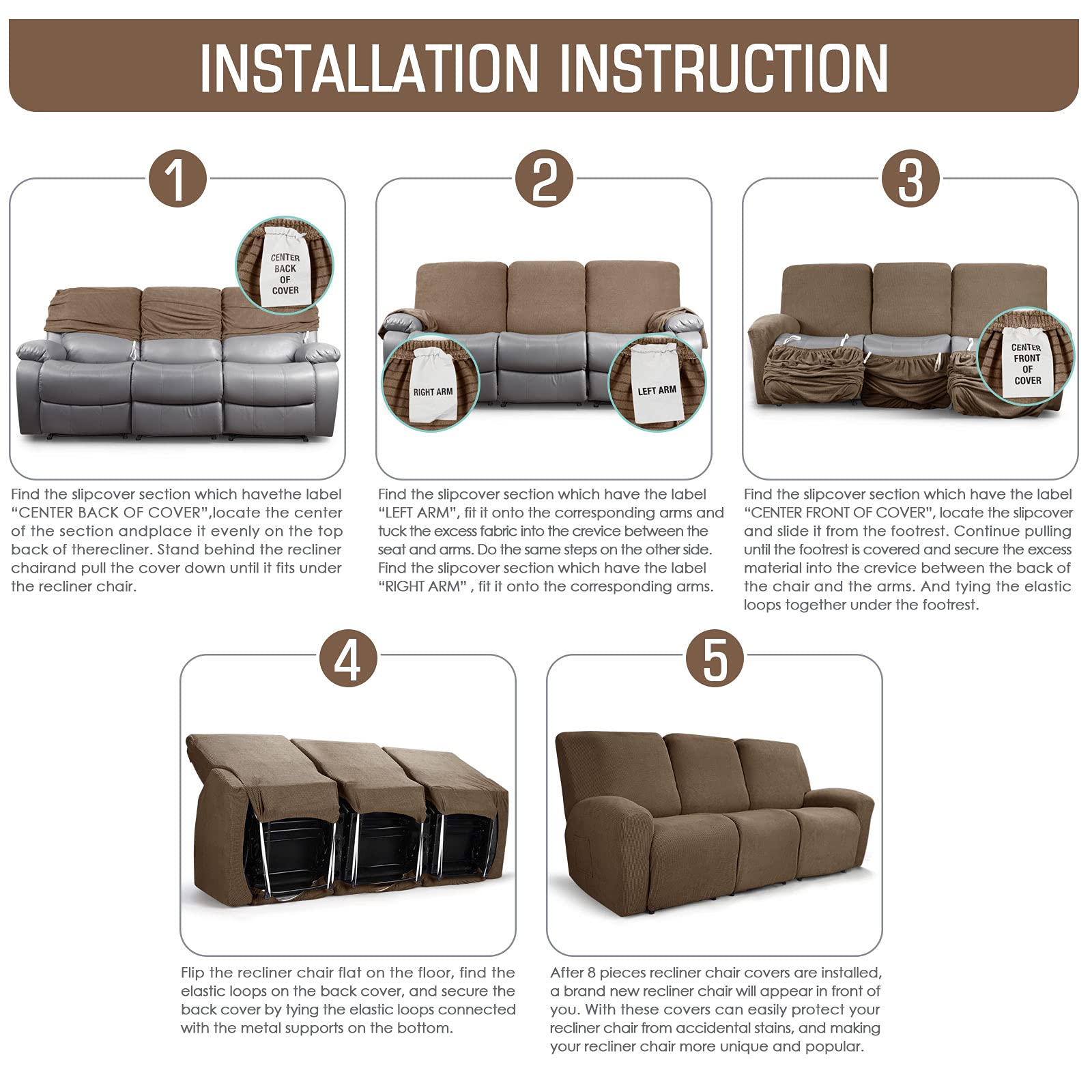 TAOCOCO Recliner Sofa Covers 8-Pieces Stretch Large Couch Covers for 3 Seats Reclining Slipcovers Soft Jacquard Pattern Furniture Protector Khaki