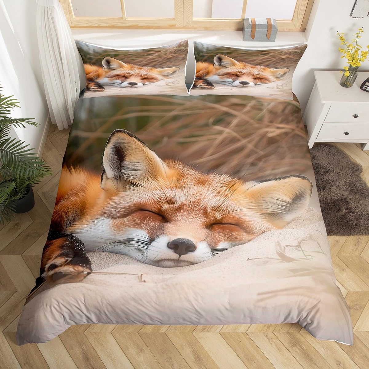 Feelyou Fox Print Duvet Cover 3D Animal Theme Bedding Set Woodland Fox Comforter Cover for Boys Girls Kids Room Decor Lightweight Nature Bedspread Cover King Size with 2 Pillow Case