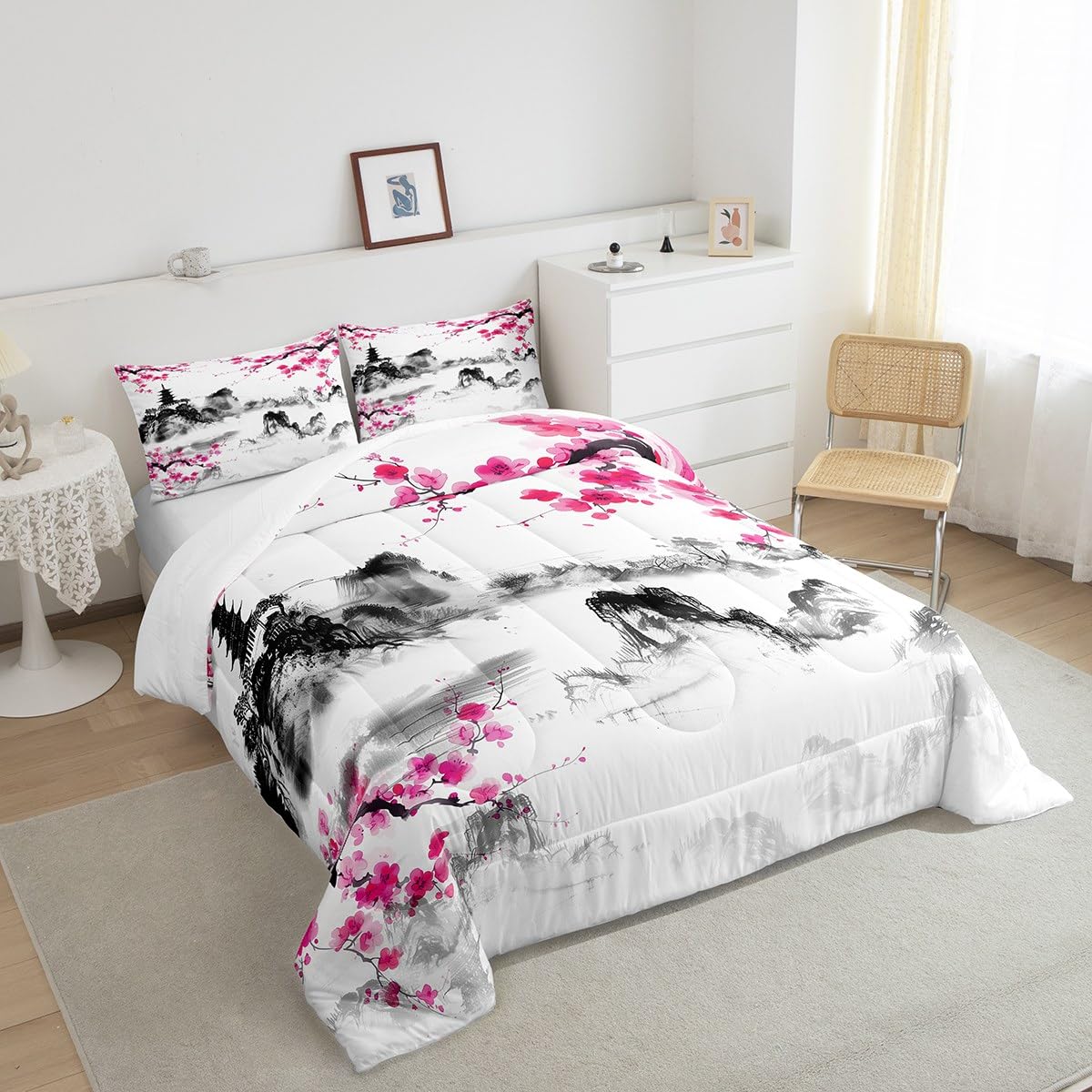 Feelyou Cherry Blossom Bedspread Set - Japanese Fuji Mountain Queen Size With 2 Pillowcases
