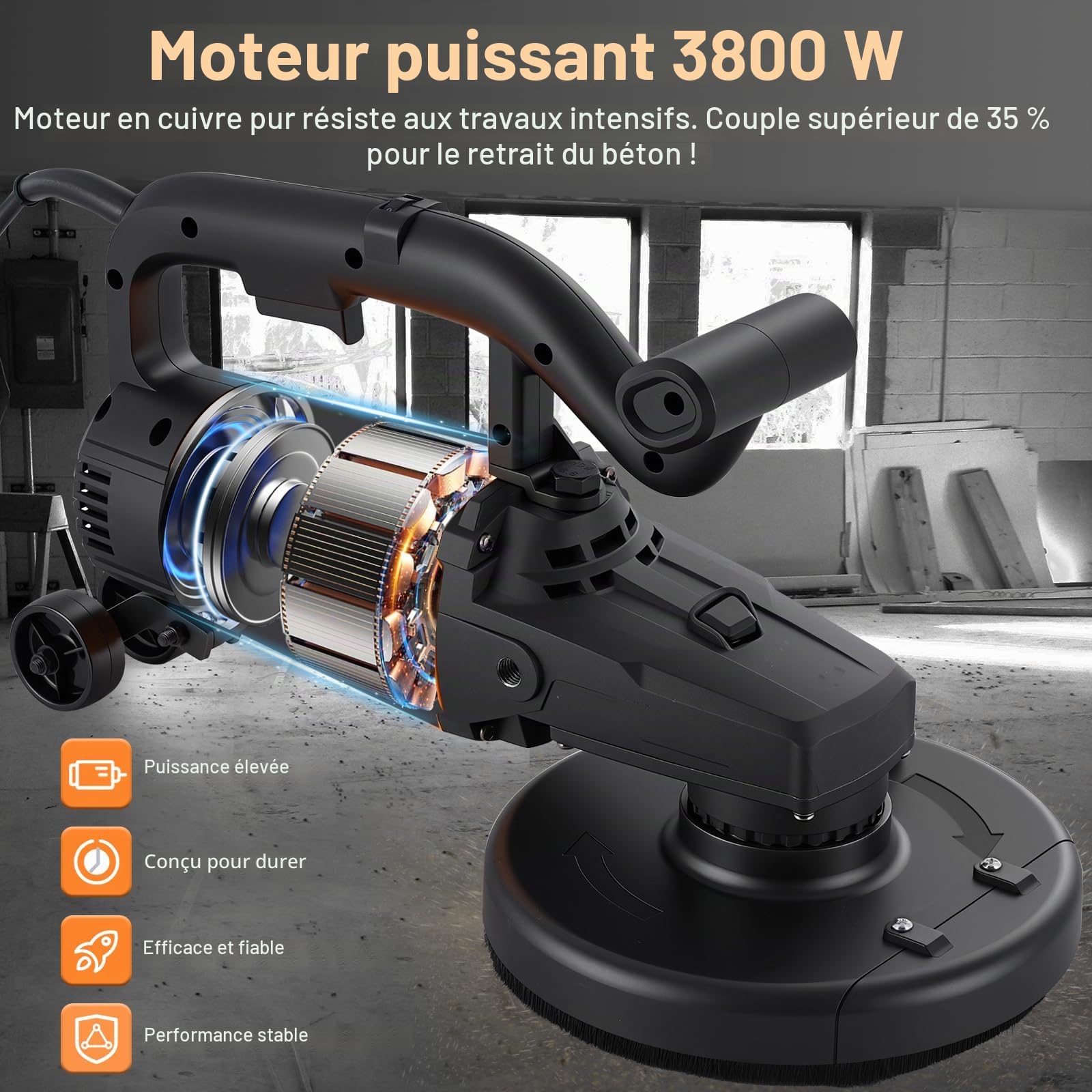 YUCHENGTECH Ponceuse de Sol Beton 180mm 3800W avec 6 Vitesses et 3 Disques | Surfaceuse Béton,Meulage, Décapage, Polissage,Pour Ciment et Marbre
