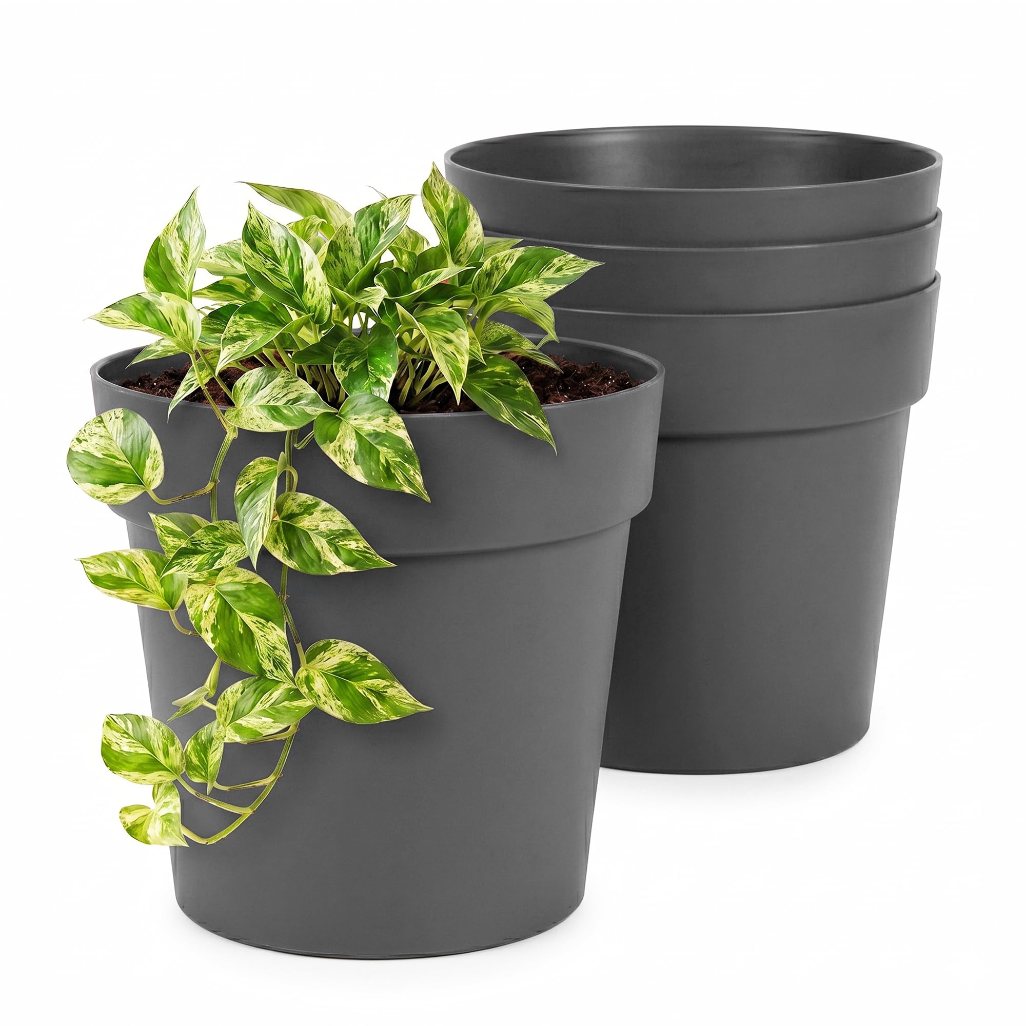 Lizzy 4 Pack Plastic Plant Pots 20cm | Round Flower Pots with Classic Design Indoor Outdoor Plant Pots Heavy Duty Garden Planters for Plants Flowers Herbs Stylish Light Grey Pots