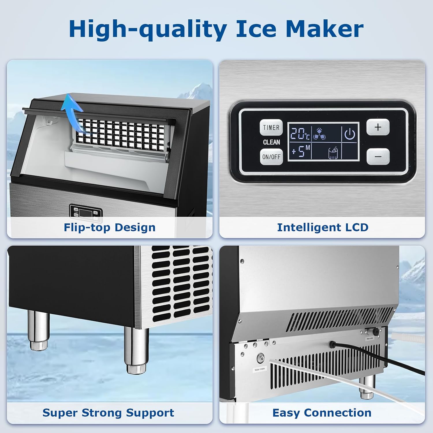 WAA Commercial Ice Maker 200Lbs/24Hr, Stainless Steel Undercounter Ice Machine with Self-Cleaning & 48Lbs Storage, for Restaurant/Office/Bar/Home Use