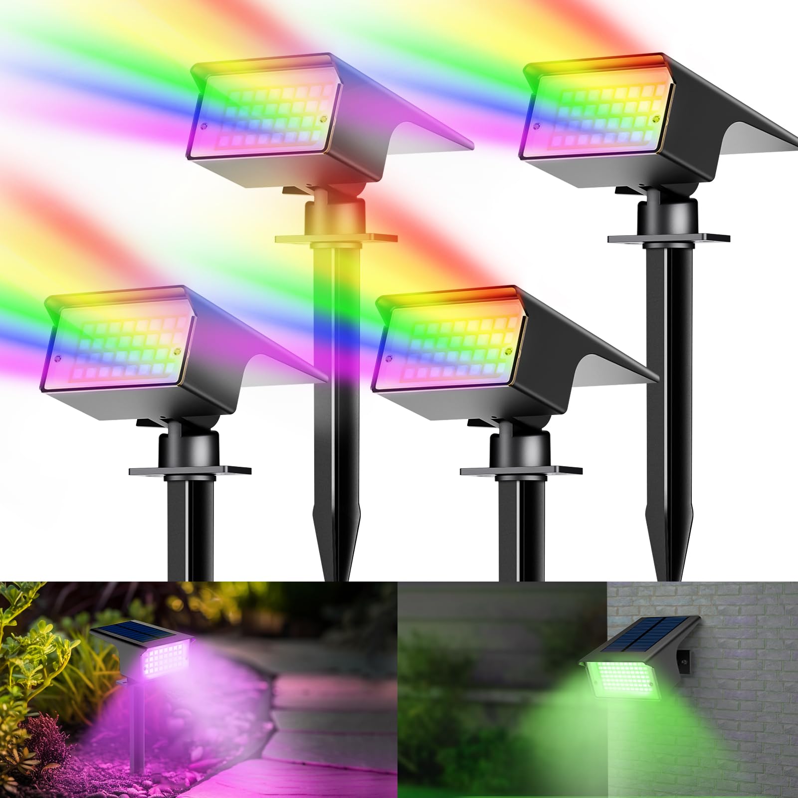 kolpop 4Stück RGB Solar Strahler, 7 Modes, 2-in-1, IP65 Wasserdicht, 800LM Bunt Außenleuchte, Dusk to Dawn Solarleuchten Gartenleuchten für Bäume, Outdoor Pflanzen, Hof