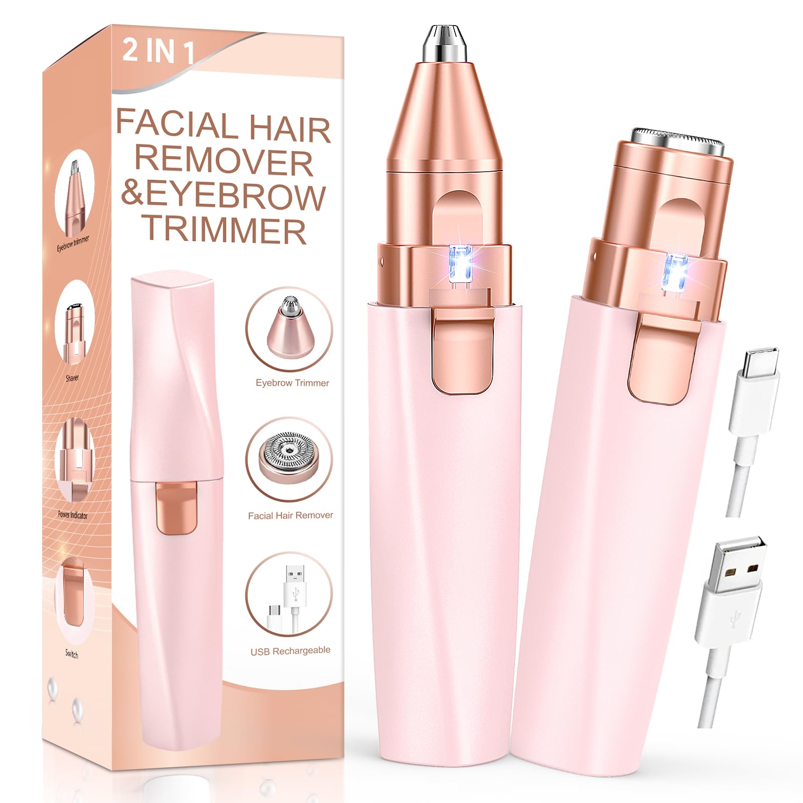 Augenbrauenrasierer & Gesichtshaarentferner für frauen: 2-in-1 Augenbrauen Trimmer und Gesichtsrasierer frauen, iFanzeTech Gesicht-Epilierer Damen für Oberlippe,Kinn und Wangen, Rosa