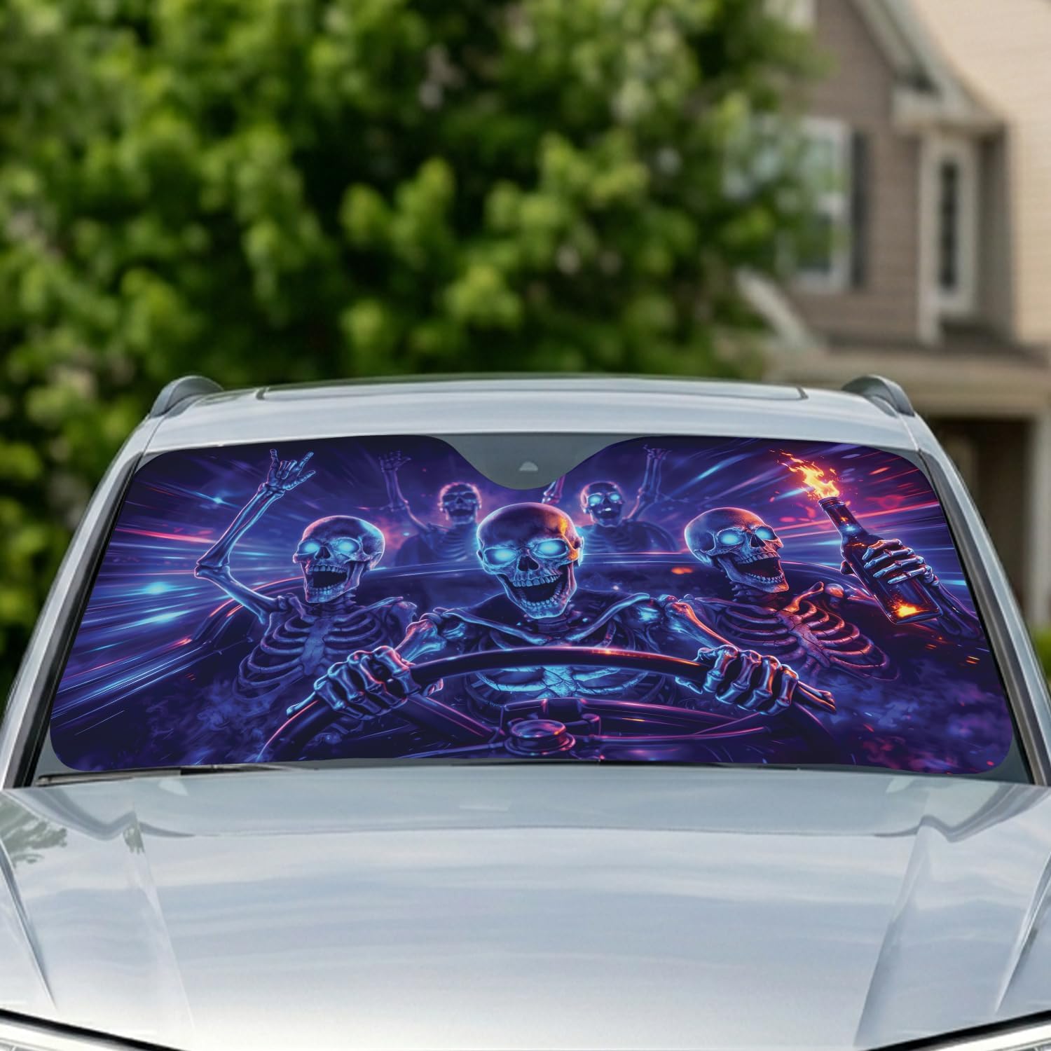 ThangPham Shop Humorous Skeletons Car Sunshade, Funny Skeleton Windshield Sun Shade, Halloween Skull Auto Sun Visor