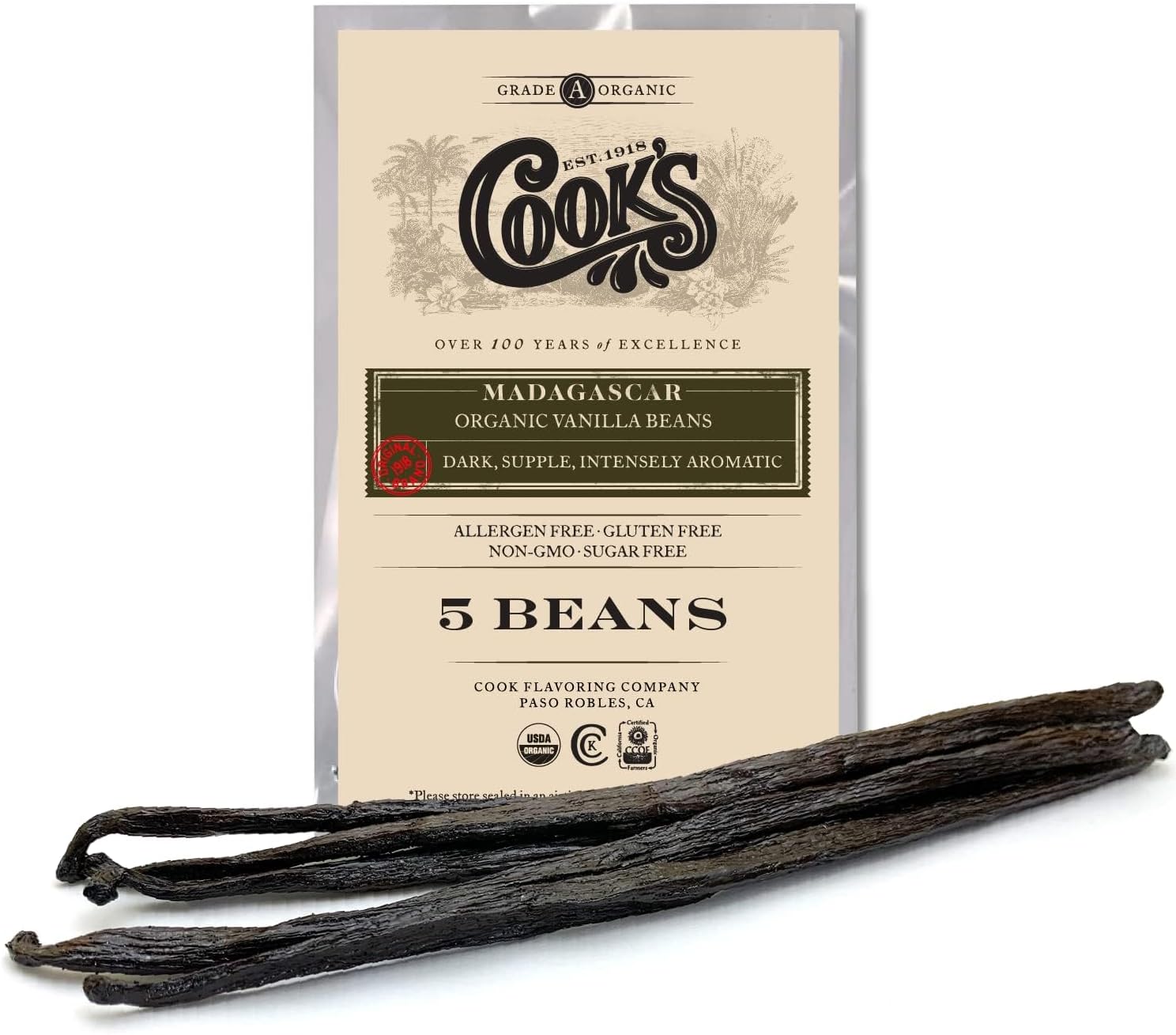 5 Organic Madagascar Whole Vanilla Beans, Grade A Vanilla Pods, Premium Vanilla Beans for Making Extract & Baking - Cook’s