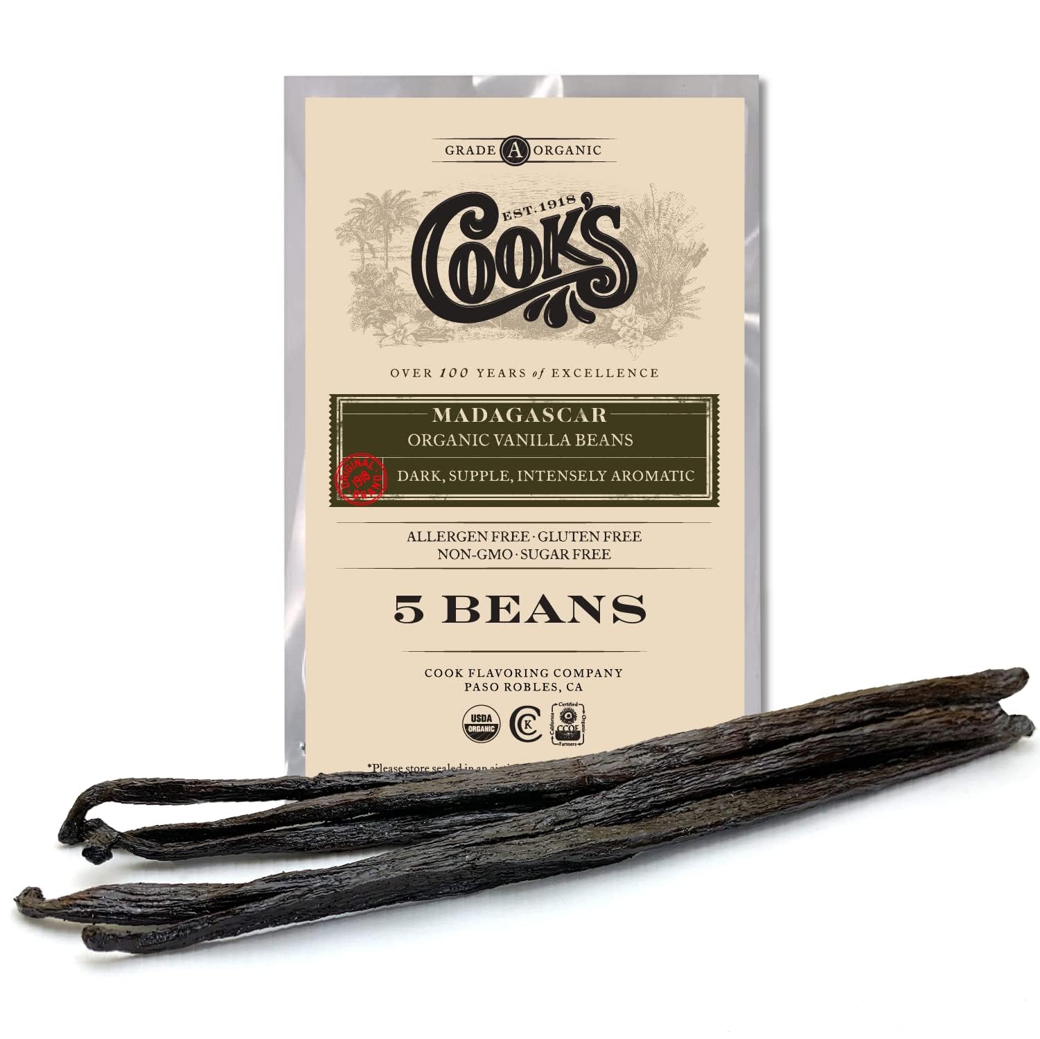 5 Organic Madagascar Whole Vanilla Beans, Grade A Vanilla Pods, Premium Vanilla Beans for Making Extract & Baking - Cook’s