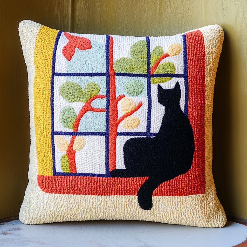 DIY Punch Needle Pillow Kit Cat and Window with Pattern and Hoop Handmade Embroidery Punch Needle Starter Pillowcase Making Set for Home Sofa Decoration 43x43cm-8