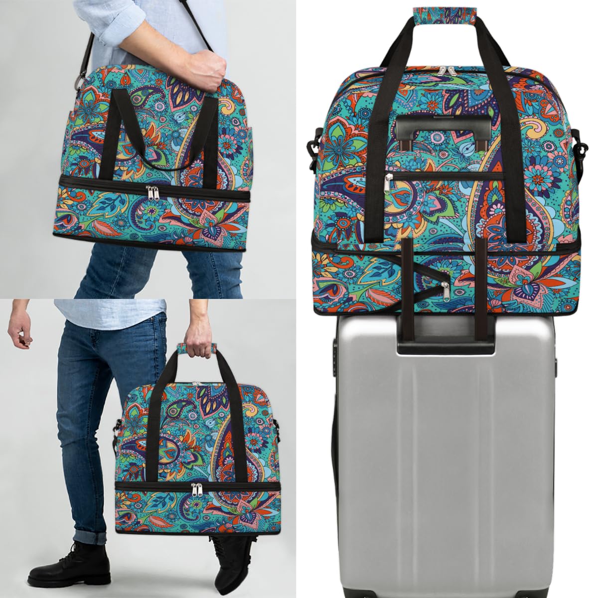 Bolsa de viaje plegable con patrón de cachemira, 47 L, bolsa de fin de semana con funda de carrito húmeda, bolsa de hombro separada para deportes, gimnasio, viajes, multicolor, 47L, Bolsa de viaje