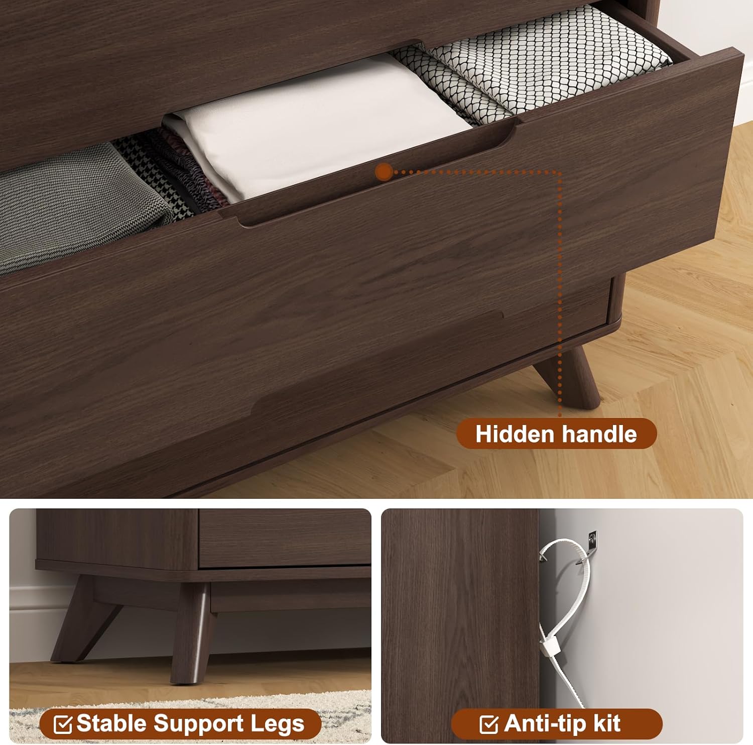 3 Drawer Dressers for Bedroom, 32" Large Wood Storage Dresser & Chest of Drawers with Charging Station, Wide Modern Dressers with 3 Drawer Storage Organizer for Bedroom Living Room Closet Brown - Image 6