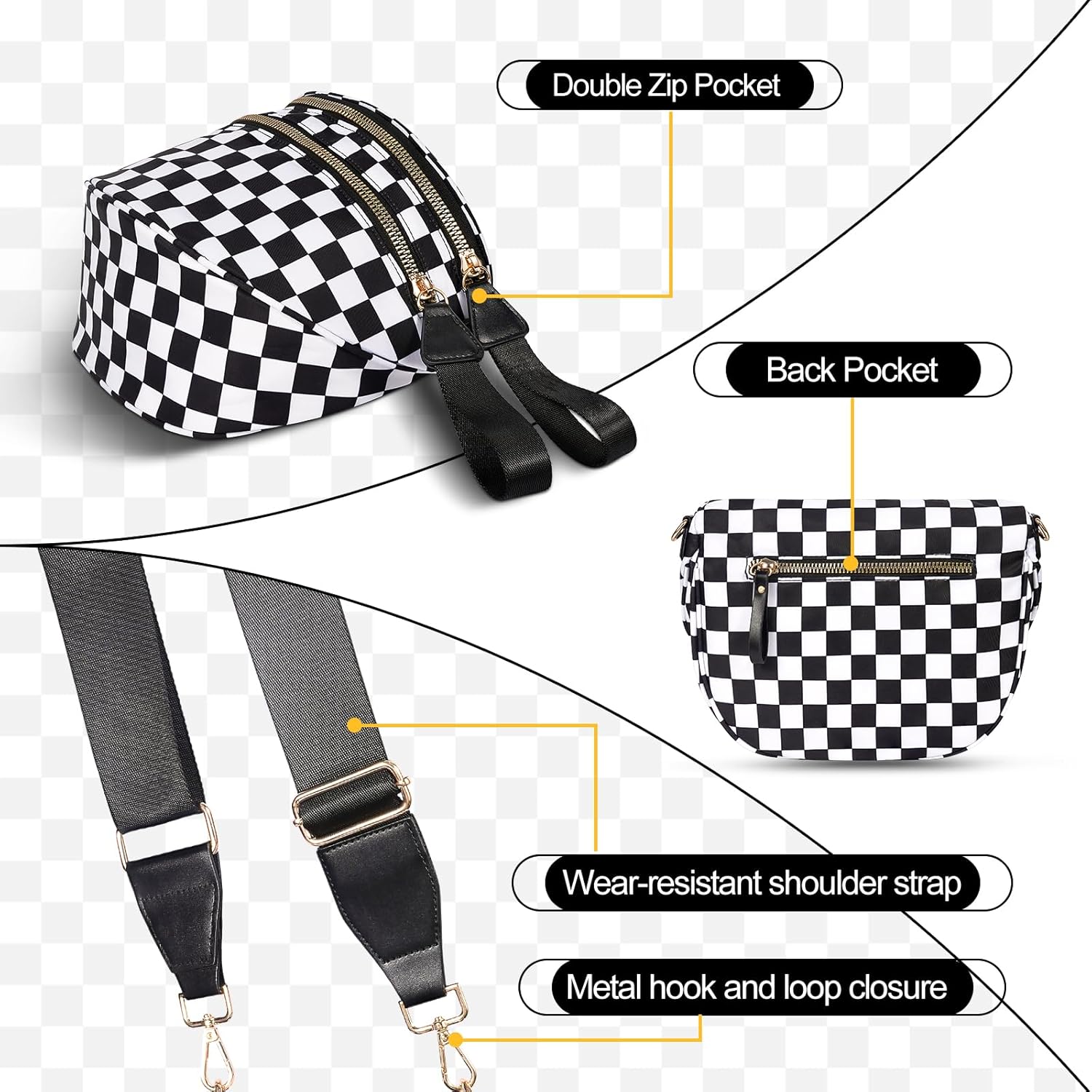 Checkered Crossbody Bag,Nylon Bum Bags for Women Crossbody,Spacious Sling Bag Purse Fanny Packs with Shoulder Strap - Image 4