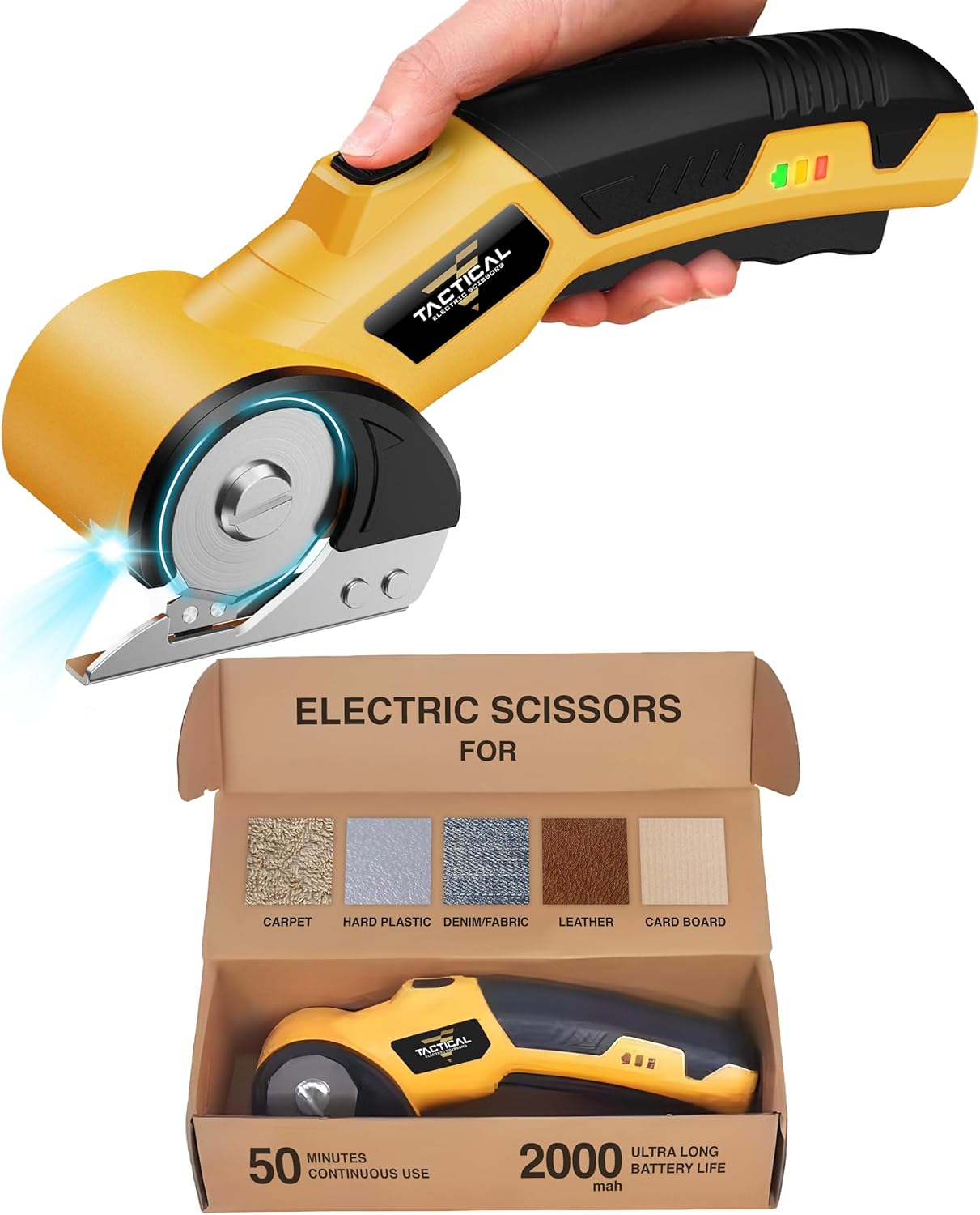 Tactical Electric Scissors Cordless Cardboard Cutter Electric Box Cutter for Cardboard Heavy Duty 4V Rechargeable Power Scissors with Safety Lock LED Light for Carpet Plastic Leather