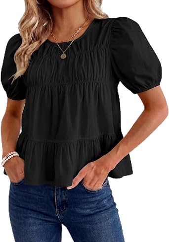 Women Puff Sleeve Peplum Top Short Sleeve Babydoll Blouse Loose Fit Crew Neck Shirt Summer Casual Pleated Flowy Top