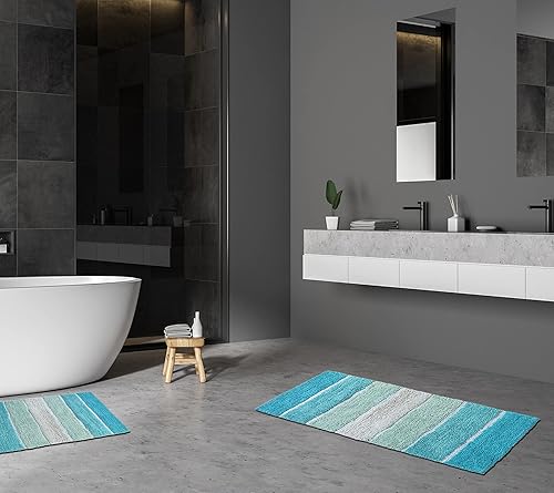 Miniatura 2 de Chardin Home - Juego de tapetes de baño rayados, 100% puro algodón (2 unidades, 24" x 40" y 21" x 34"), con base de látex antiderrapante, Poliéster