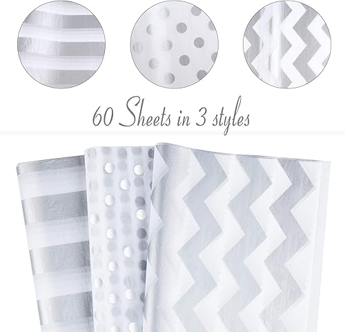 Miniatura 3 de MIAHART 60 piezas de papel de seda blanco plateado a granel 3 estilos decorativos metálicos para cumpleaños, bodas, decoración de fiestas de