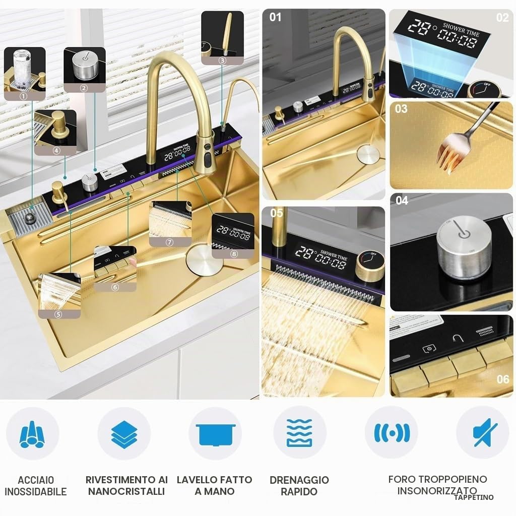 Lavello Cucina Con Cascata 80 x 45 cm,Lavello Cucina 1 Vasca In Acciaio Inox,Lavello Oro Multifunzione Cucina,Con Rubinetto Estraibile,Sifone,Dispenser Sapone,Lavello Mobile e Tagliere
