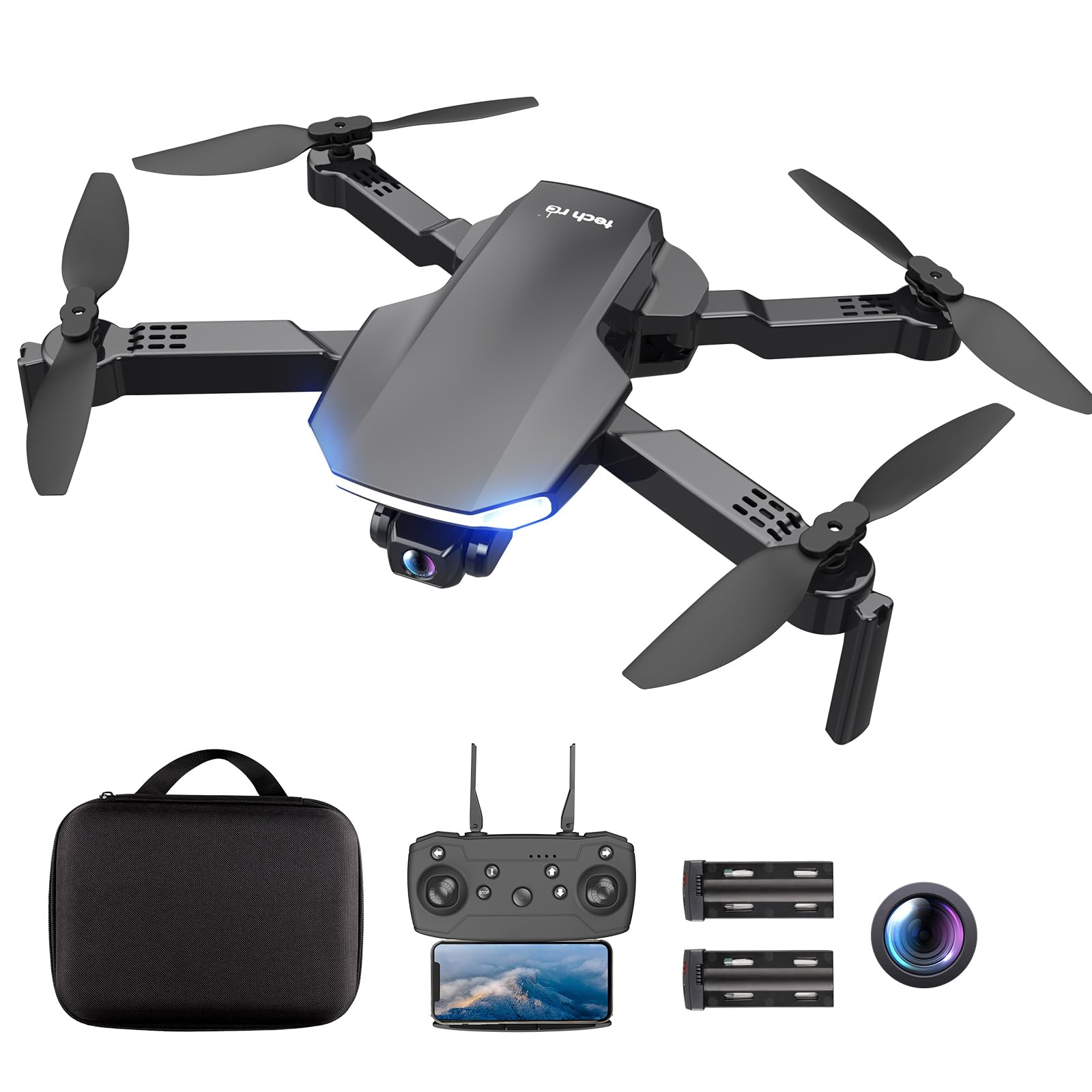 Drone con Cámara 1080P, 3 Modos de Velocidad, Mantenimiento de Altitud, 3D Flip, Fotografía Gesto, APP Control, Drone Plegable con Bolsa de Transporte para Principiantes, 2 Baterías