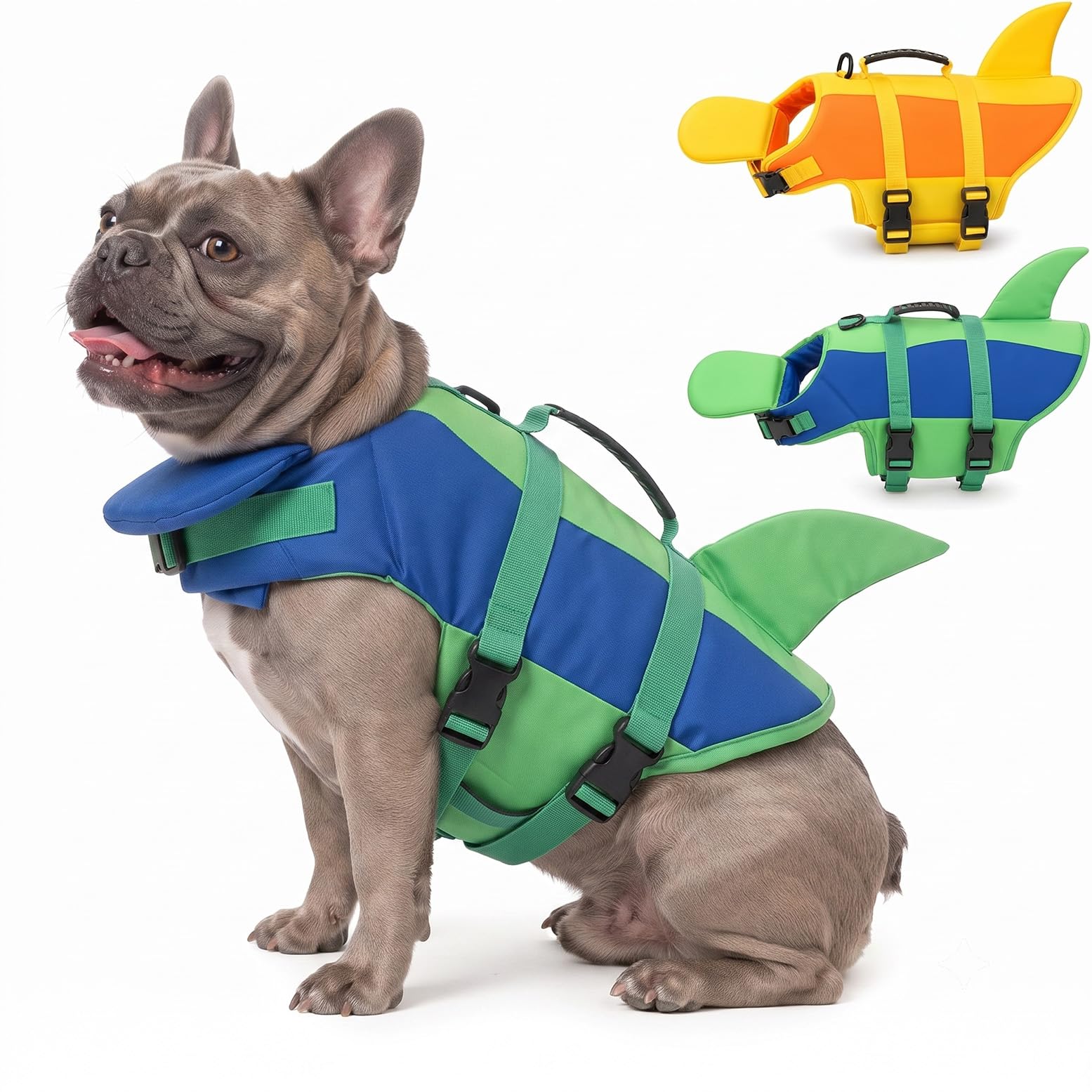 Dog Life Jacket, Shark Dog Life Jacket with Chin Float, Adjustable Dog Float Jacket for Water Safety, Reflective Flotation Vest for Swimming Training, Rescue Handle ，Blue：M
