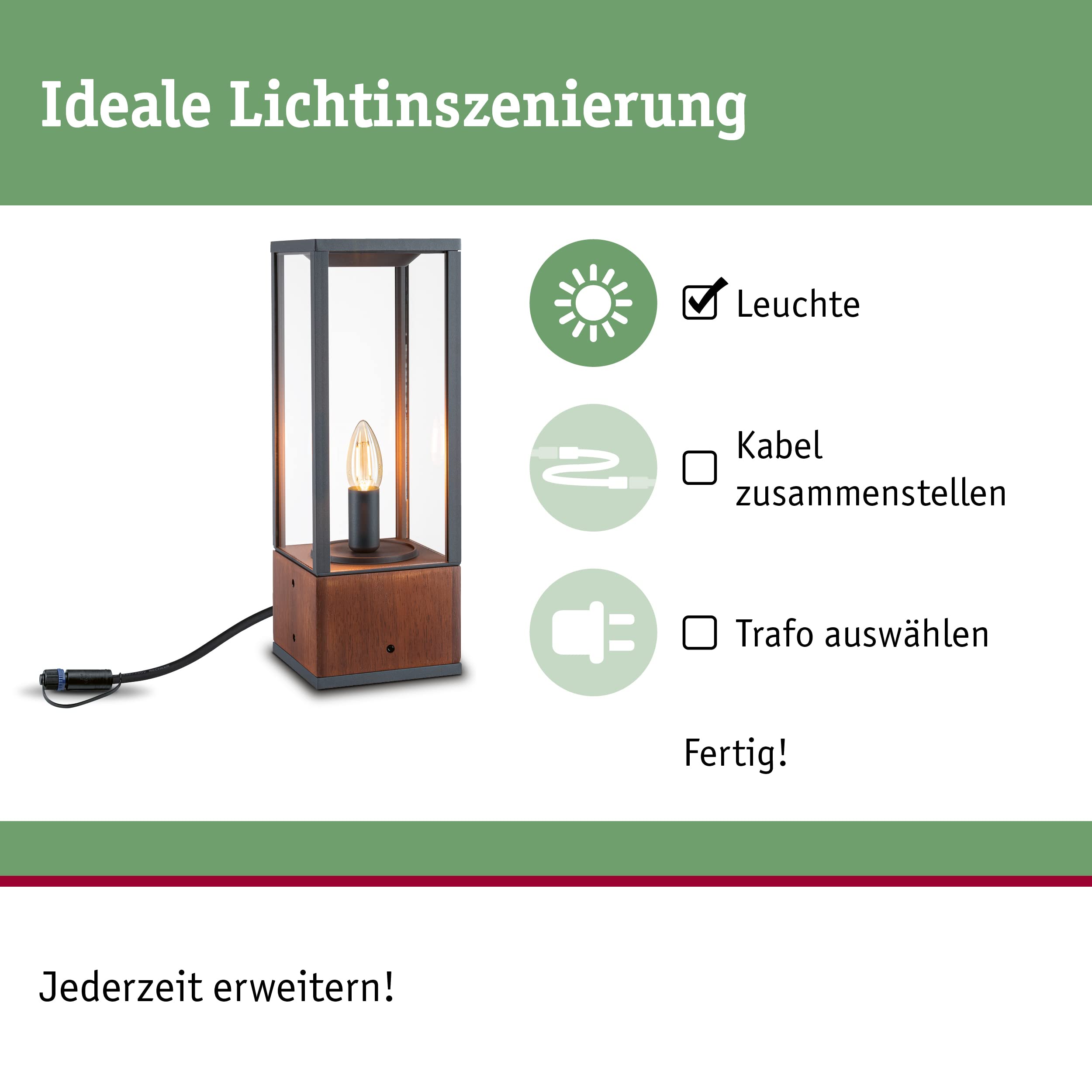 Paulmann 94673 Plug & Shine LED Außenleuchte Pollerleuchte Venea IP44 eckig incl. 1x2 Watt dimmbar Lichtobjekt Holz E14