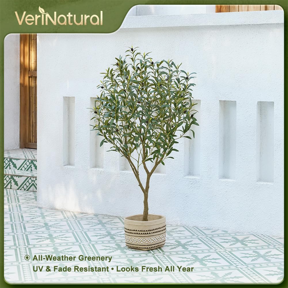 VeriNatural Olivenbaum Künstlich 150 cm Künstliche Pflanzen Groß – 40 Früchte & 856 Seide Blätter wie Echt mit Topf, UV-beständig Verstellbare – Kunstpflanze für Wohnzimmer Büro Balkon Deko, VN126 | Künstliche Pflanzen Groß mit 40 Früchte & 856 Seide Blät