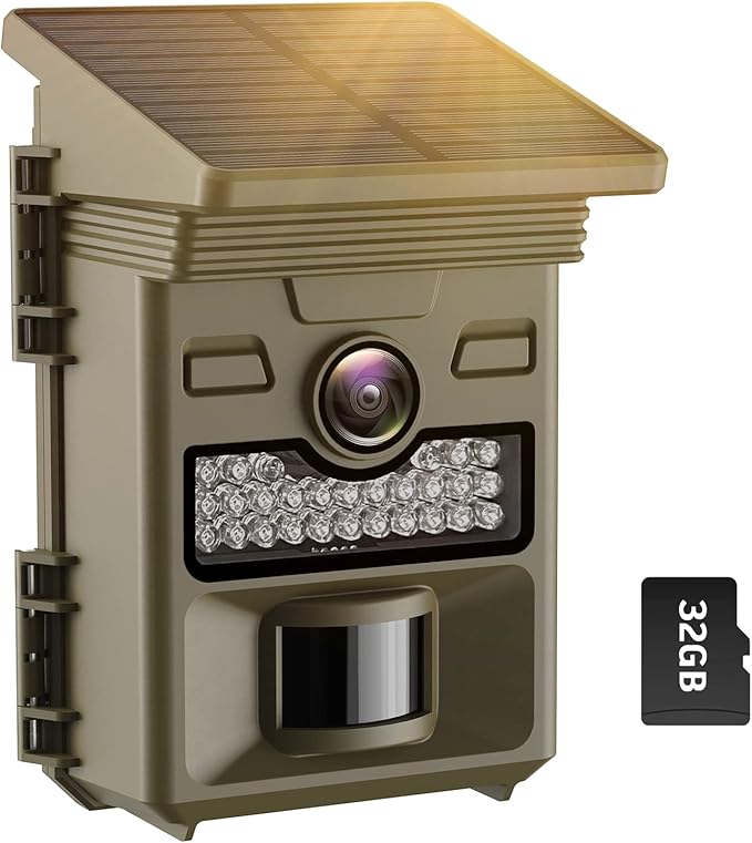 Solar Wildlife Camera 32MP 1080P Rechargeable Trail Game Camera with