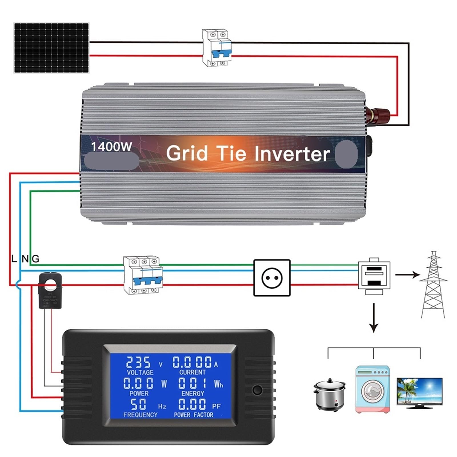 Mikroinwerter, 1000-1400W Micro Grid Tie Solar Inverter 20-50V DC do AC 1MPPT Czysta sinusoida Konwerter do zasilania energią słoneczną(1400W,18V)