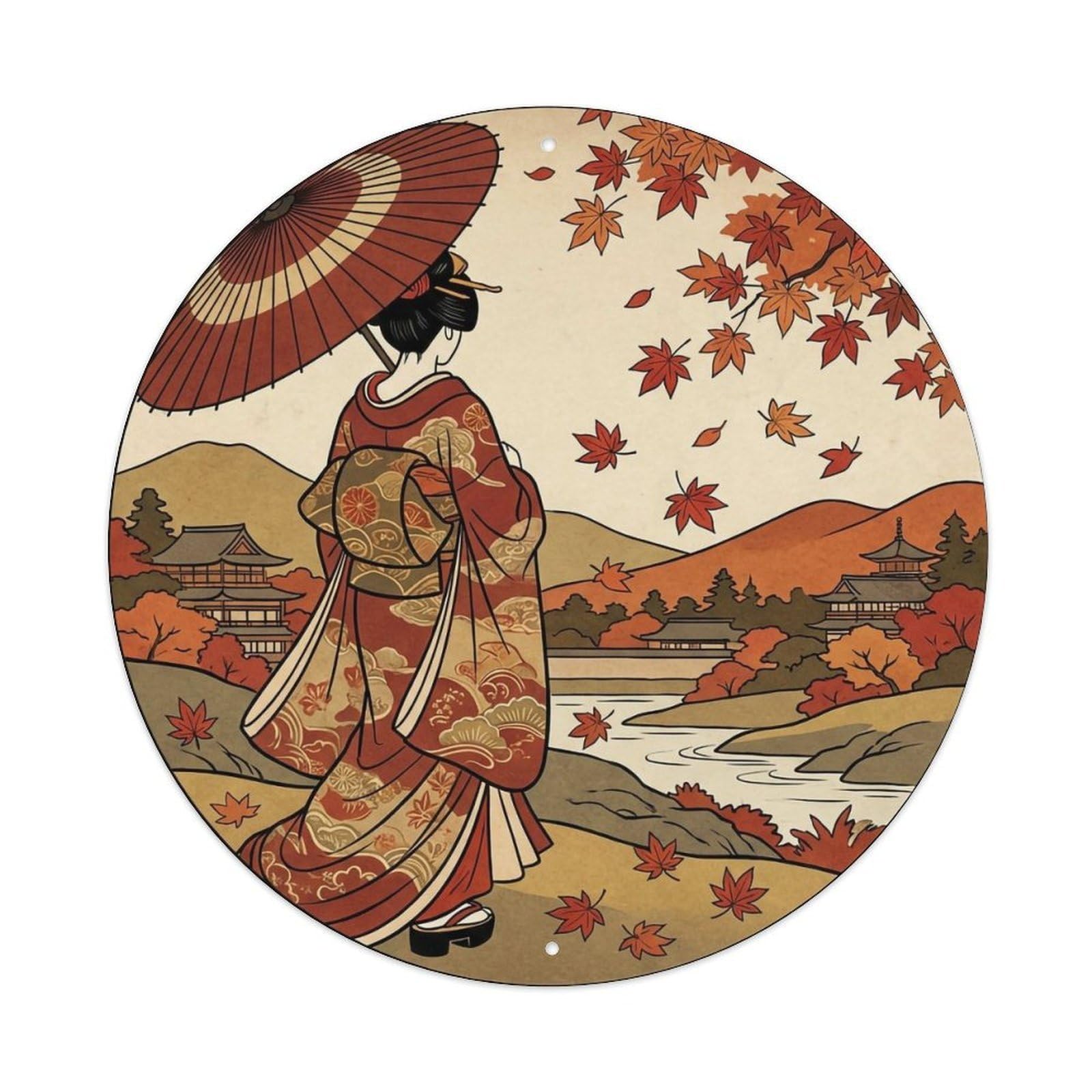Japanese Geisha Watching Autumn Leaves Falling Scene Metal Tin Sign
