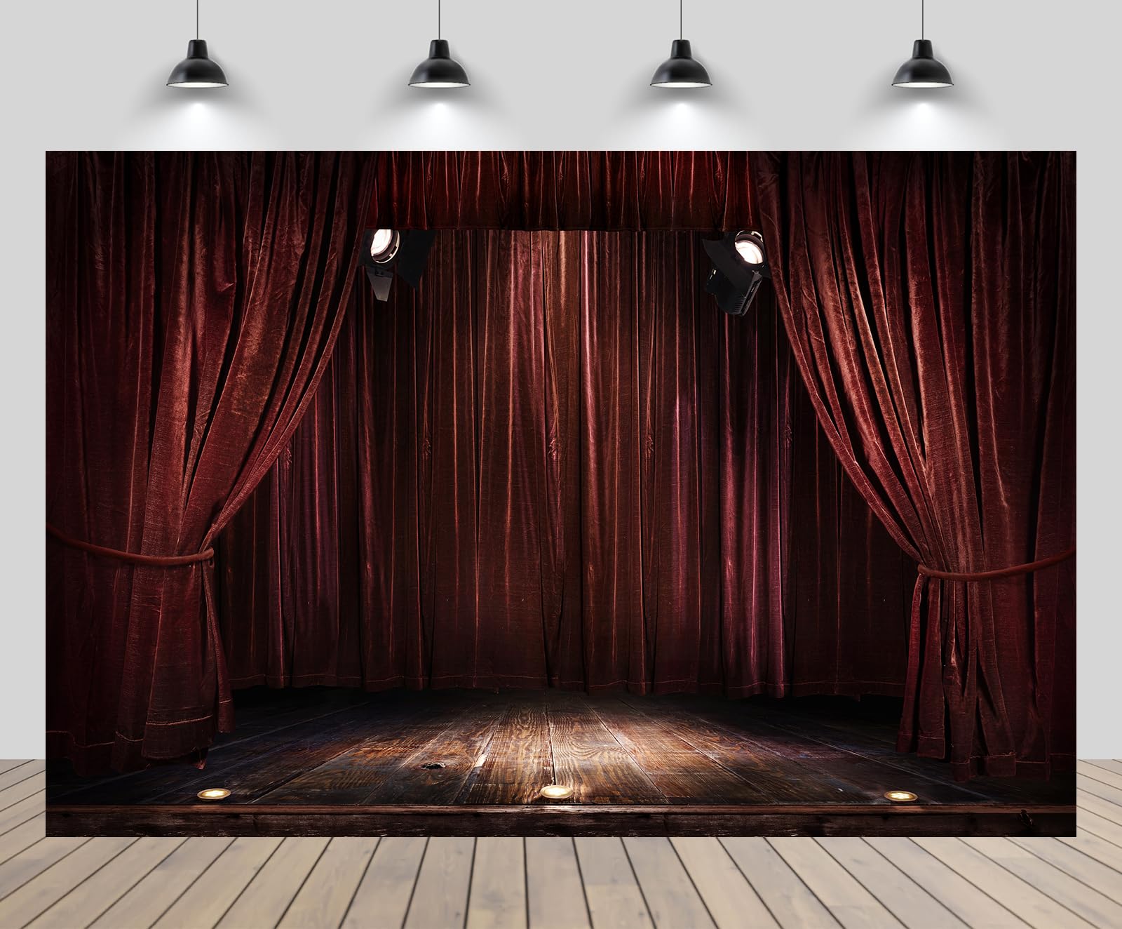 CHNYWORK 5x3ft Theater Stage Backdrop Broadway Red Velvet Curtain Valance Interior Spotlight Wooden Floor Background Festival Celebration Prom Stage