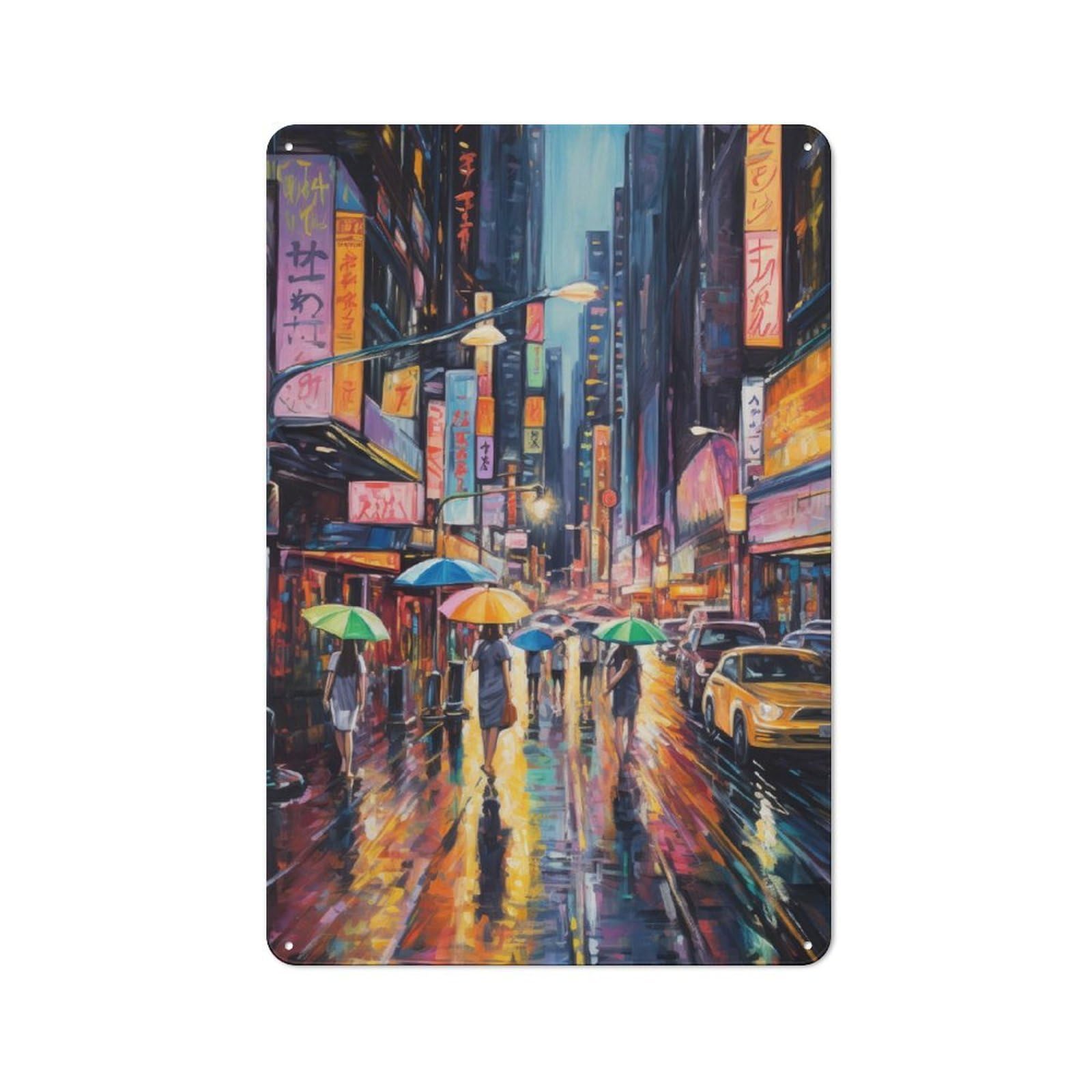Junmoney Painting Cityscape Shop Front Style Cafe Metal Sign 30X20cm Featuring Restaurant Wall Art For Takeaway, Bar, Kitchen Or Counter Area