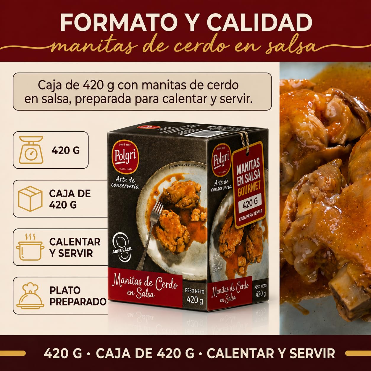 POLGRI Manitas de Cerdo en Salsa 420 g x 3 Latas Receta Tradicional La Mancha Colágeno Natural