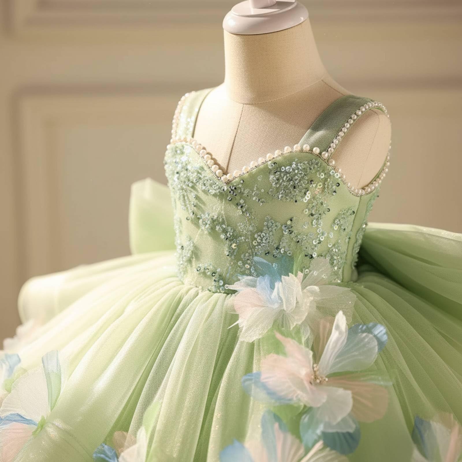 F Fityle Vestido de Fiesta para Niña Vestido Traje Gala con Gran Lazo Posterior Aplicaciones Florales y de Tul Ligero Adecuado para Bodas Comuniones Desfiles Sesiones de Fotos