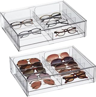 mDesign Wide Stackable Plastic Eye Glass Organizer Box Holder for Sunglasses, Reading Glasses, Lens Cleaning Cloths, Accessories - 2 Divided Drawers with 10 Sections, Lumiere Collection, 2 Pack, Clear