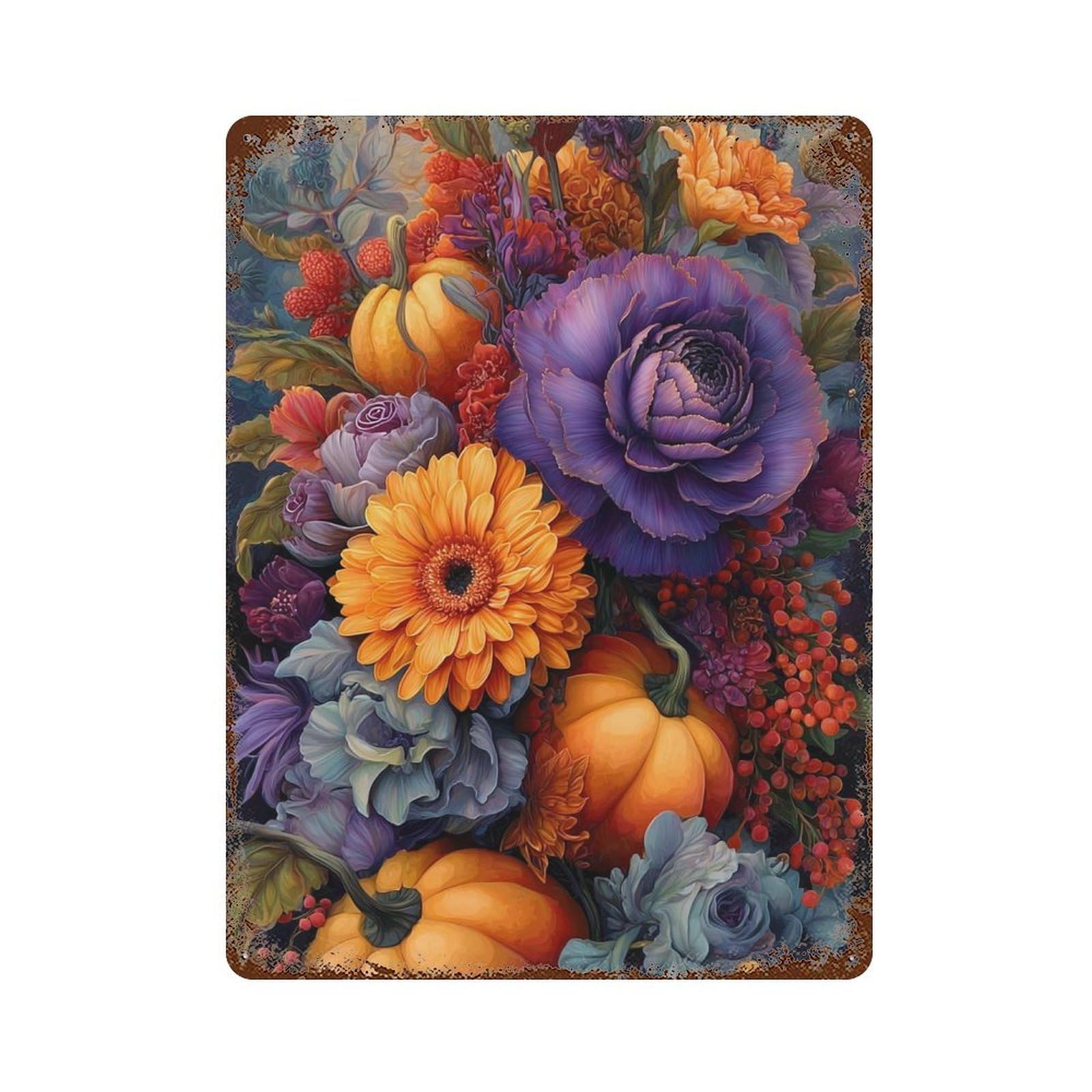 Autumn Floral Bouquet with Pumpkins Decorative Tin Sign 15.7"x11.8", for Bistro, Counter And Cafe Decor, Novelty Wall Decor